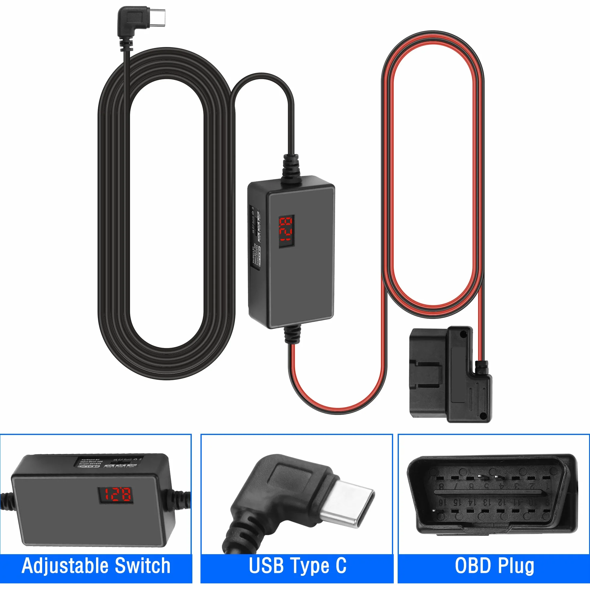 MEIRIYFA Kabel zasilający OBD OBD2 do kamery samochodowej, kabel do ładowania OBD2 na USB C, 24-godzinny nadzór, typ C, 16-pinowy, OBDII, zestaw Hardwire, kabel do ładowarki do kamery samochodowej GPS