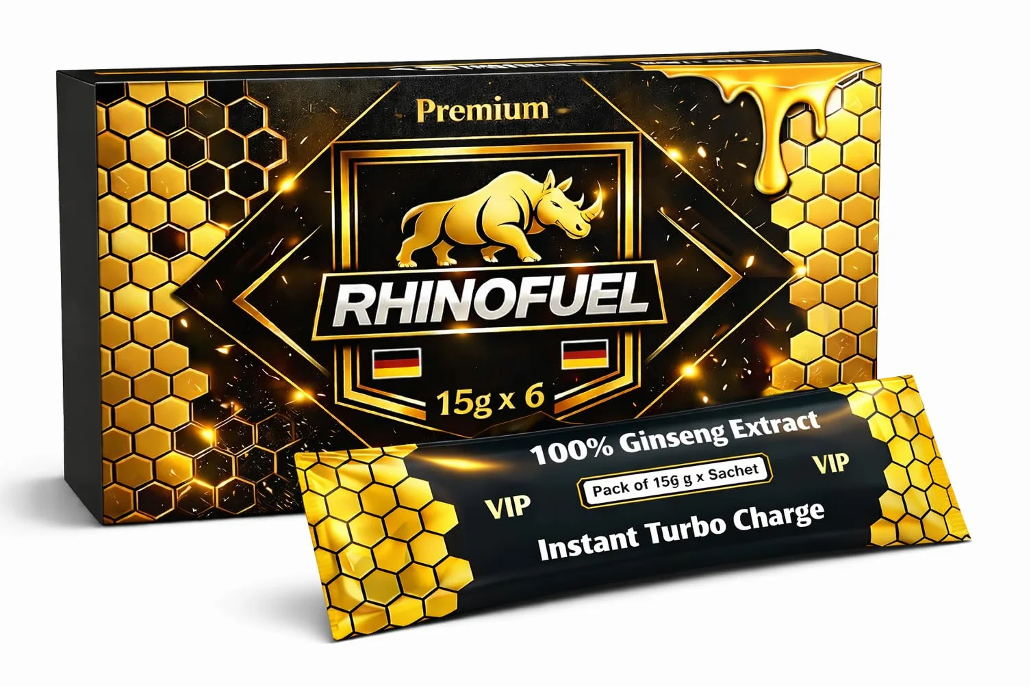 RHINOFUEL Miód z Ginsengiem, Mleczkiem Pszczelim, Witaminami B1 i B2 6×15 g Preparat miodowy