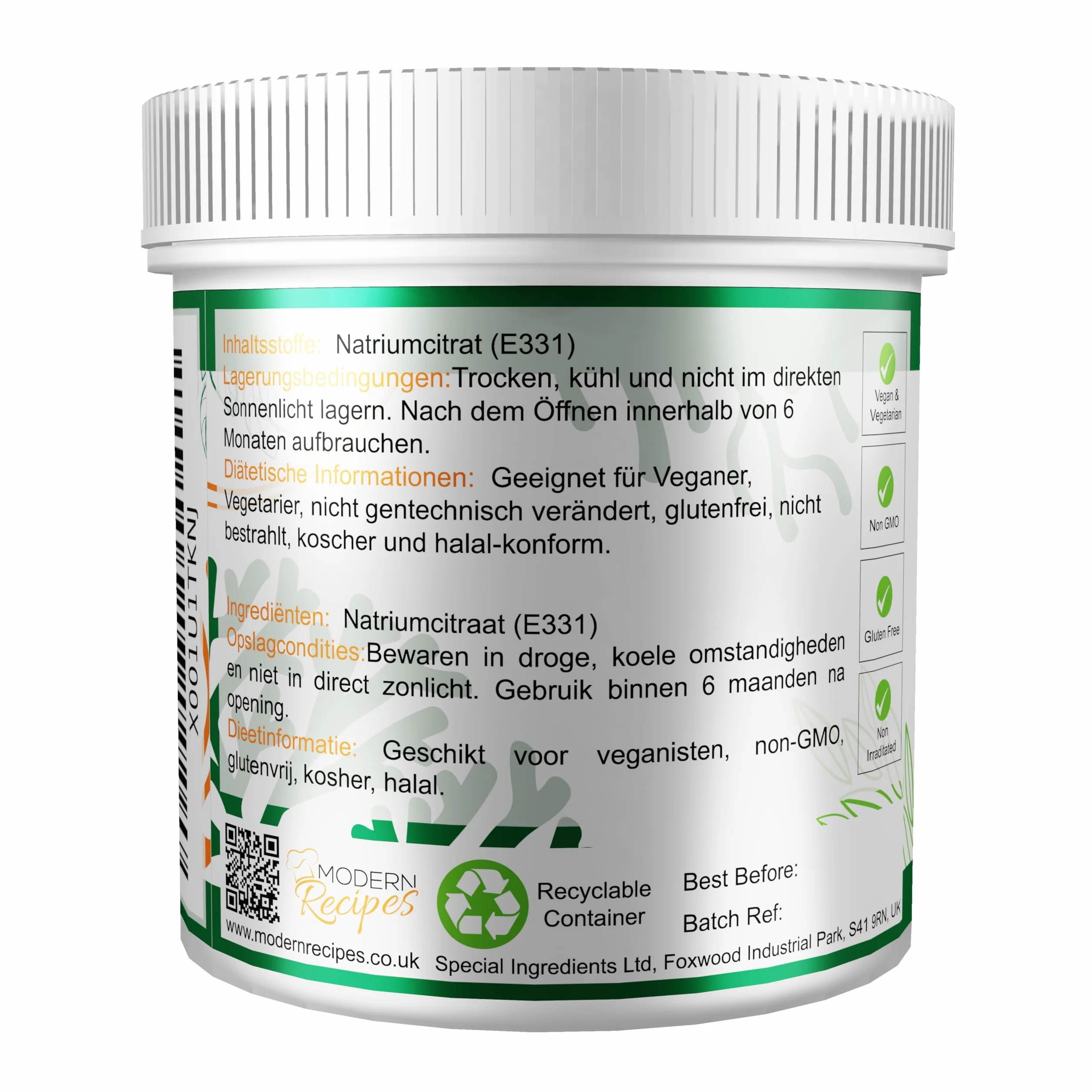 Special Ingredients Cytrynian sodu, 500 g, najwyższa jakość, wegański, bez GMO, bezglutenowy, pojemnik z możliwością recyklingu