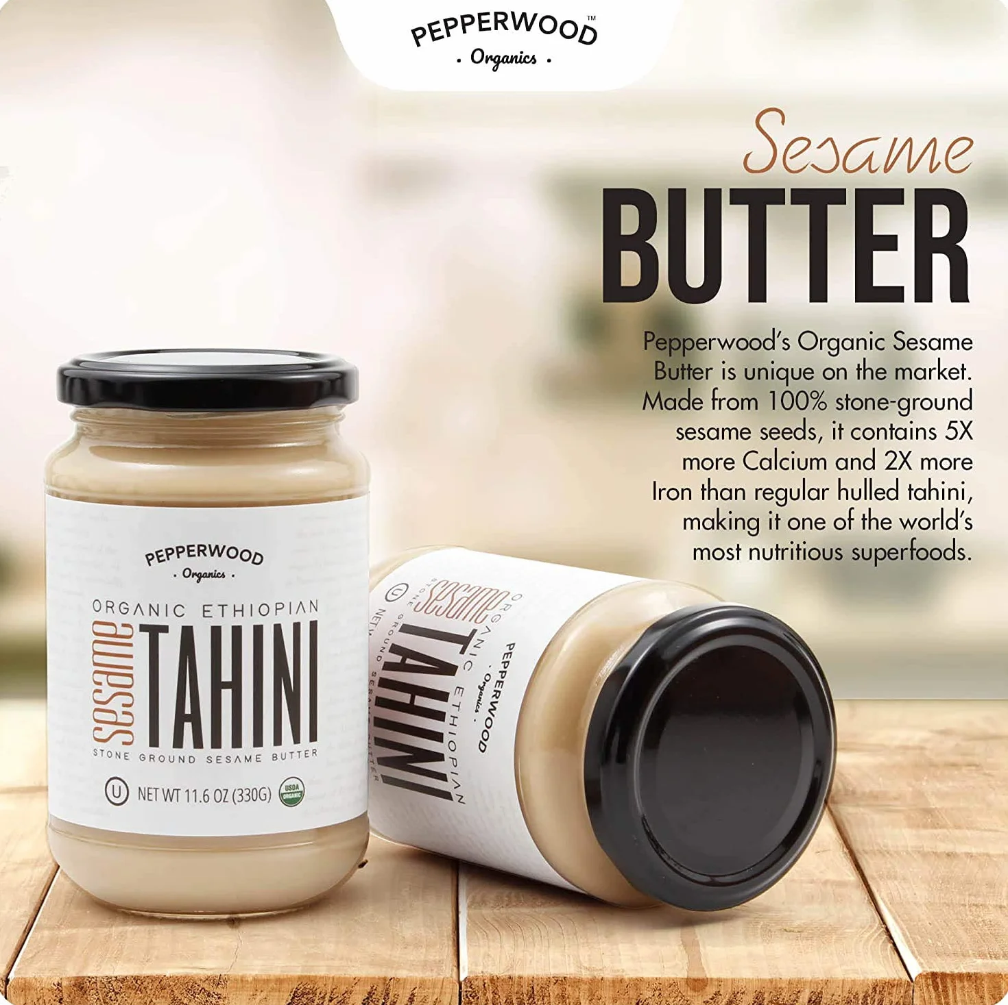 Organiczna pasta sezamowa tahini - kamienna ziemia - jedwabiście gładka tekstura w hummusie, dipach, dressingach - niesolona, bez orzechów, koszerna, paleo, keto 330 g szklany słoik (2-pak) Pepperwood