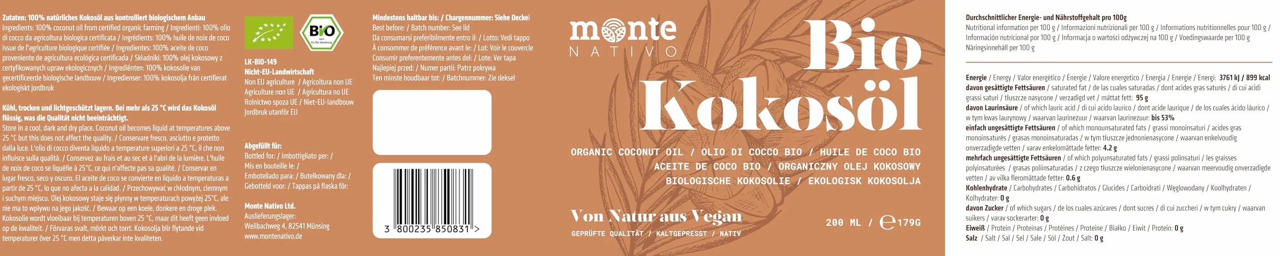 Olej kokosowy Bio Monte Nativo 200 ml czysty tłuszcz kokosowy ekologiczny tłoczony na zimno do gotowania