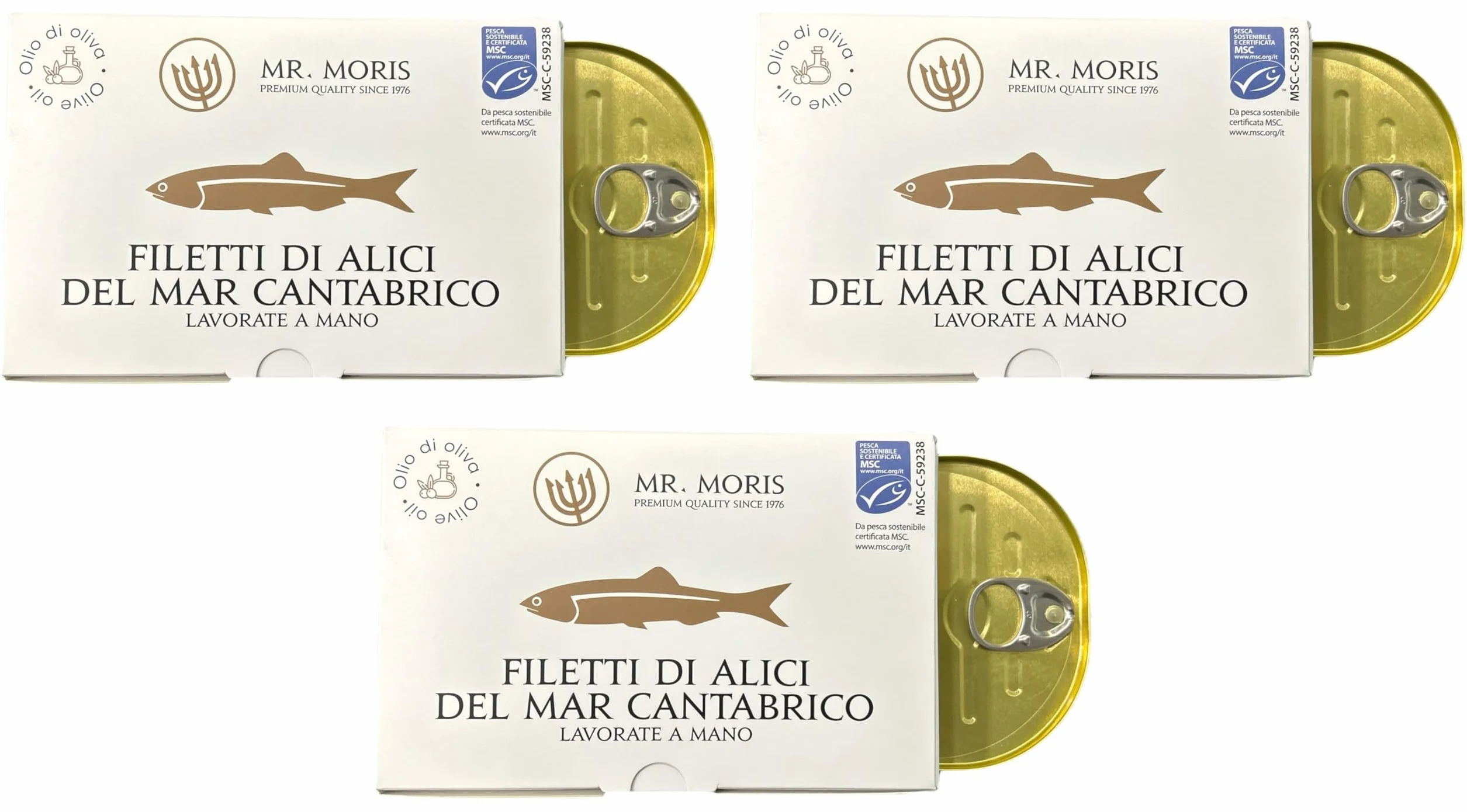 Mr. Moris® | Filety z sardeli kantabryjskiej w oliwie z oliwek | Ręcznie robione sardele z Morza Kantabryjskiego | Koszerne | Certyfikat MSC | W przypadku premium | 3 puszki po 120g