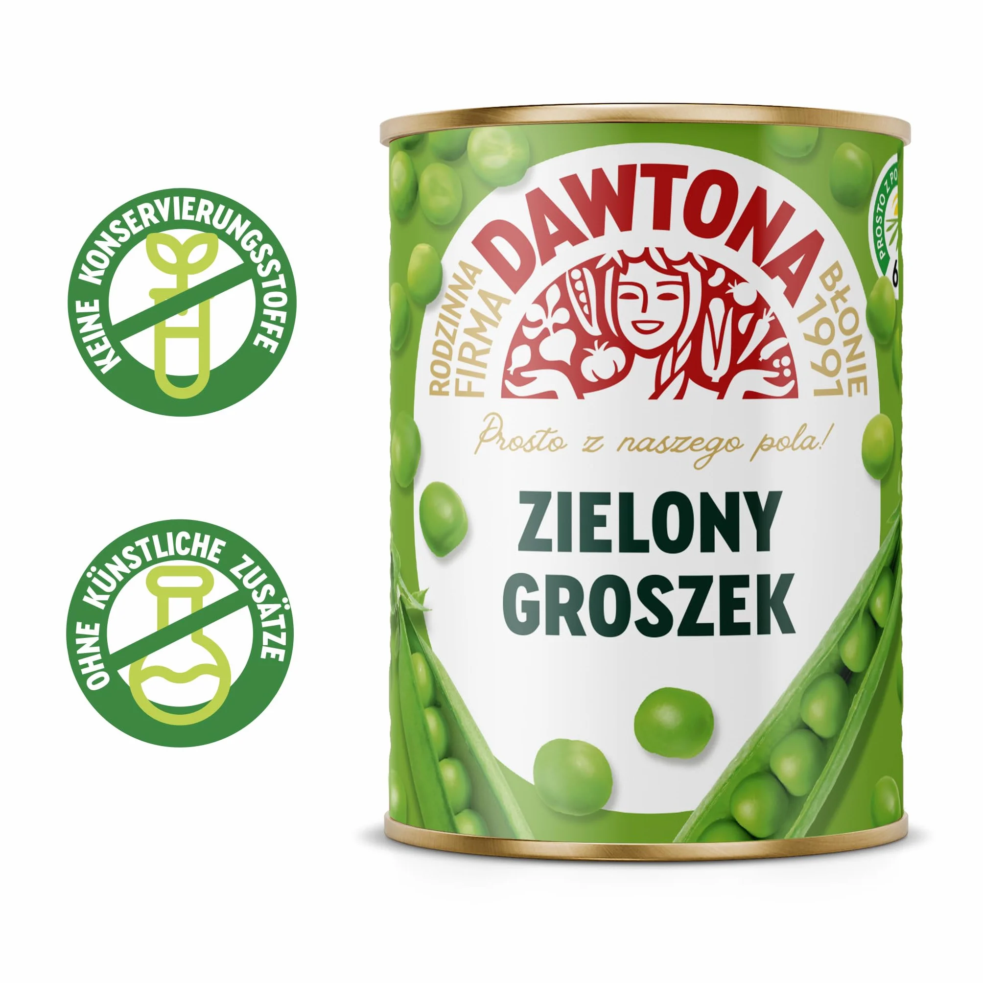 DAWTONA Groszek zielony konserwowy 12 x 400g - Bez konserwantów i sztucznych dodatków - Gotowa do spożycia - Idealny do zup, dodatków i dań jednogarnkowych