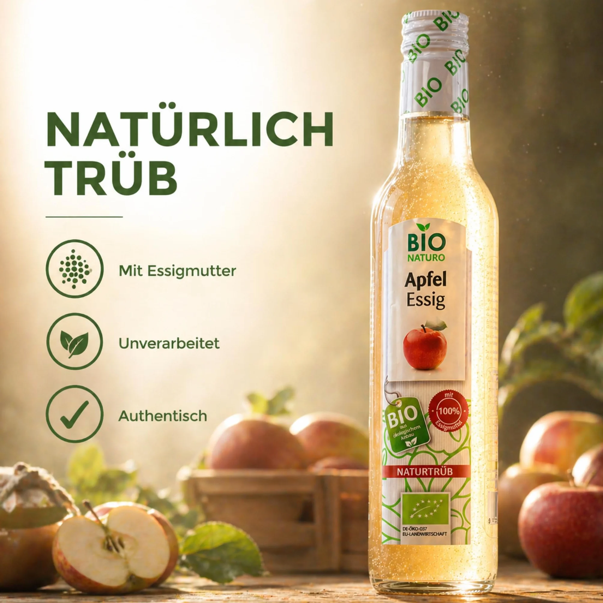 BioNaturo - Bio ocet jabłkowy, naturalny mętny 3 x 250 ml – niefiltrowany, z "matką octu", idealny do sałatek, sosów i korzyści zdrowotnych