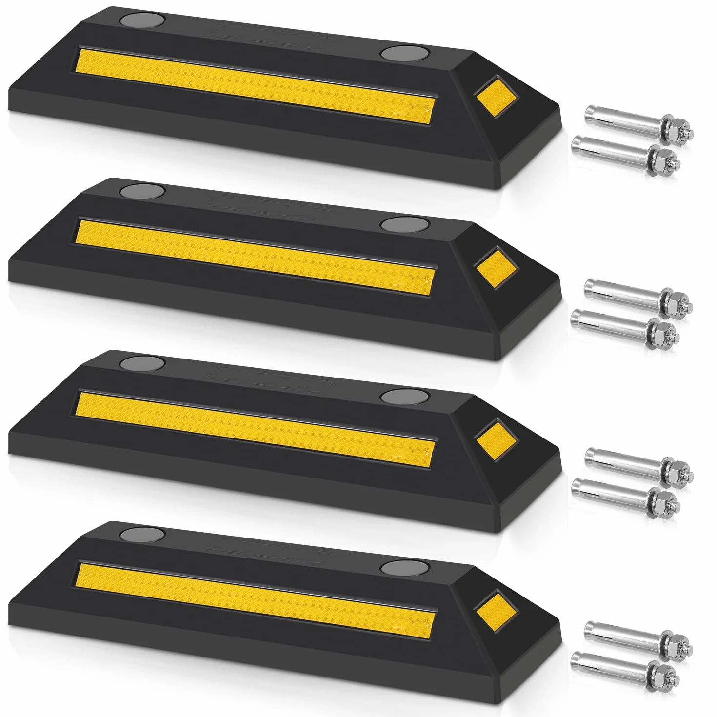Sonnewelt 4 x gumowy stoper do kół, 54 x 15 x 10 cm, ogranicznik miejsca parkingowego, z żółtymi paskami odblaskowymi, stoper parkingowy ze śrubą rozszerzającą, blokada parkingu do parkingu, garażu,