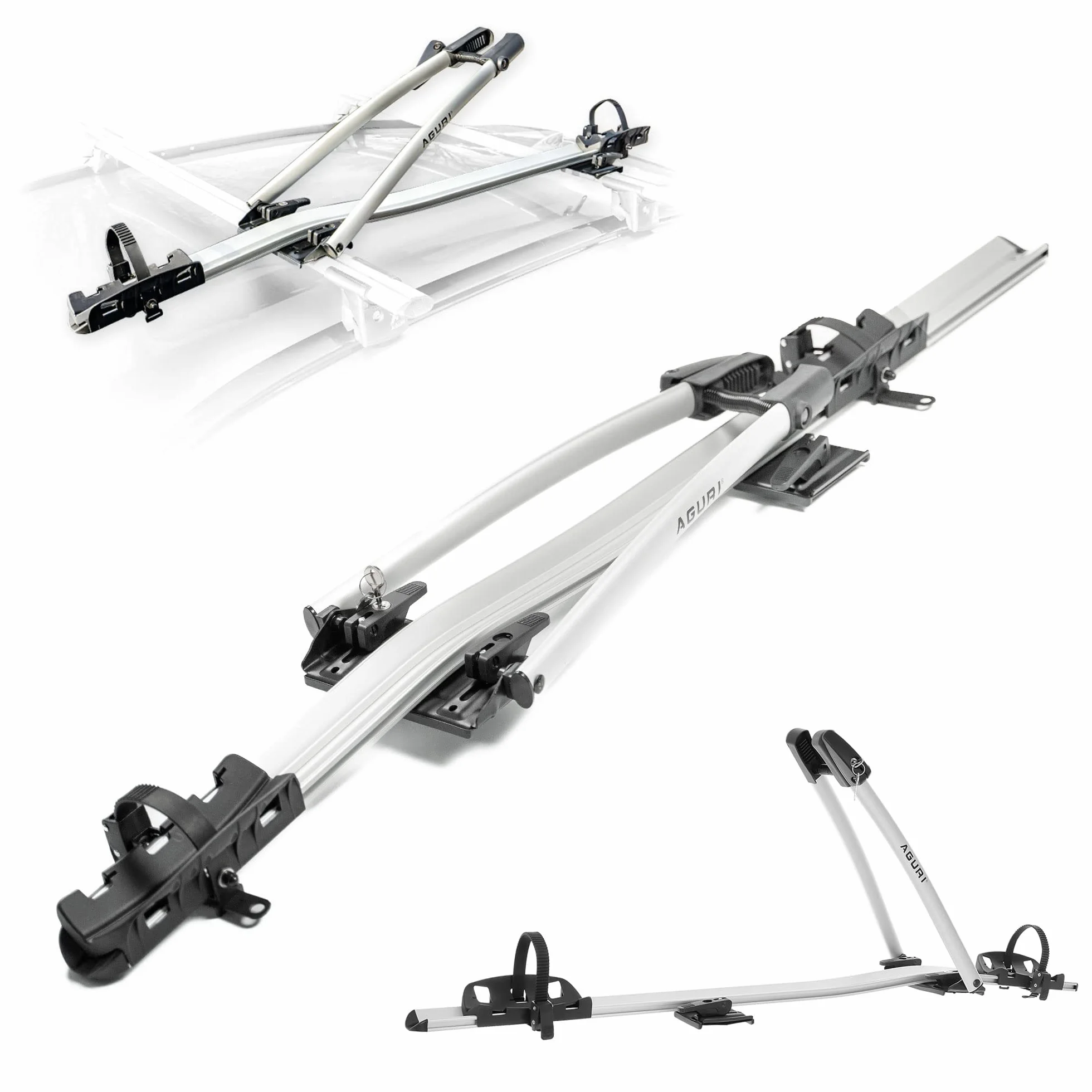 AGURI ACUDA III | Bagażnik Rowerowy, Dachowy Stelaż Rowerowy, Uniwersalny Uchwyt Rowerowy na Dach Samochodu, Zamykany | Obciążenie do 20kg, | Lekka i Wytrzymała Konstrukcja z Aluminium | Srebrny