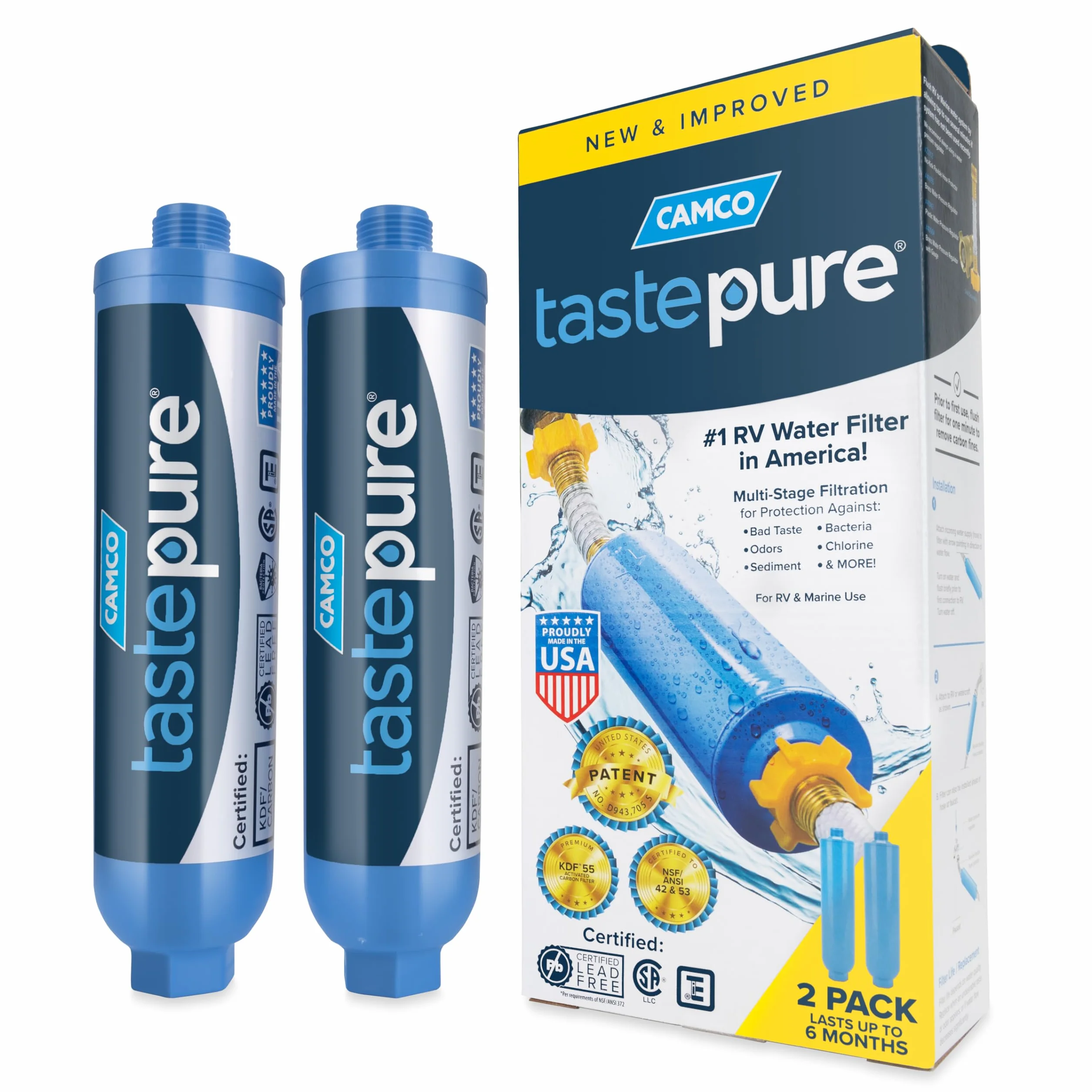 Camco 40045 TastePURE Inline RV filtr wody, znacznie redukuje nieprzyjemny smak, zapachy, chlor i osady w wodzie pitnej (2 sztuki)