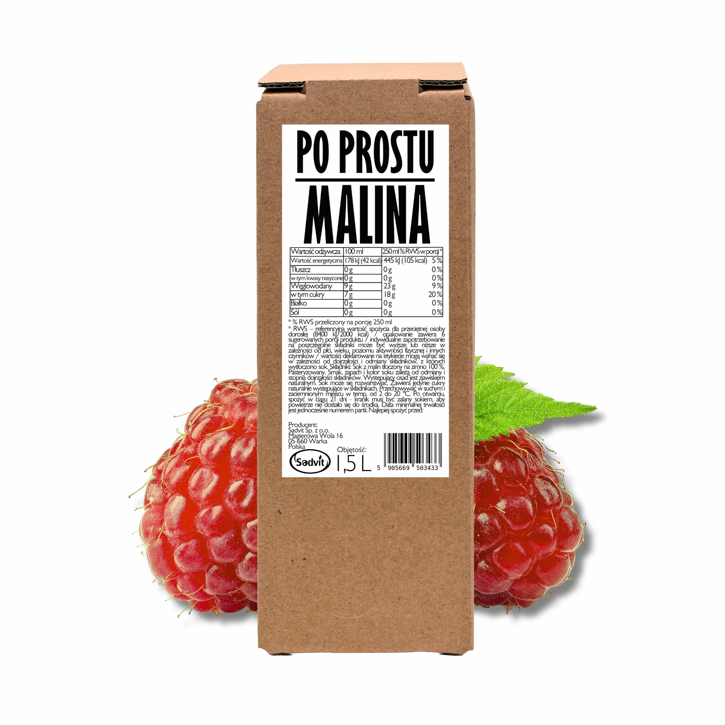 Sadvit | Intensywny Sok z Malin nie z koncentratu | 1,5L Bag in Box Sok owocowy NFC | Tłoczony Kwaśny Owocowy | Bez Cukru i Konserwantów | Alternatywa do Syropów i Napojów | Do Koktajli i Lemoniad