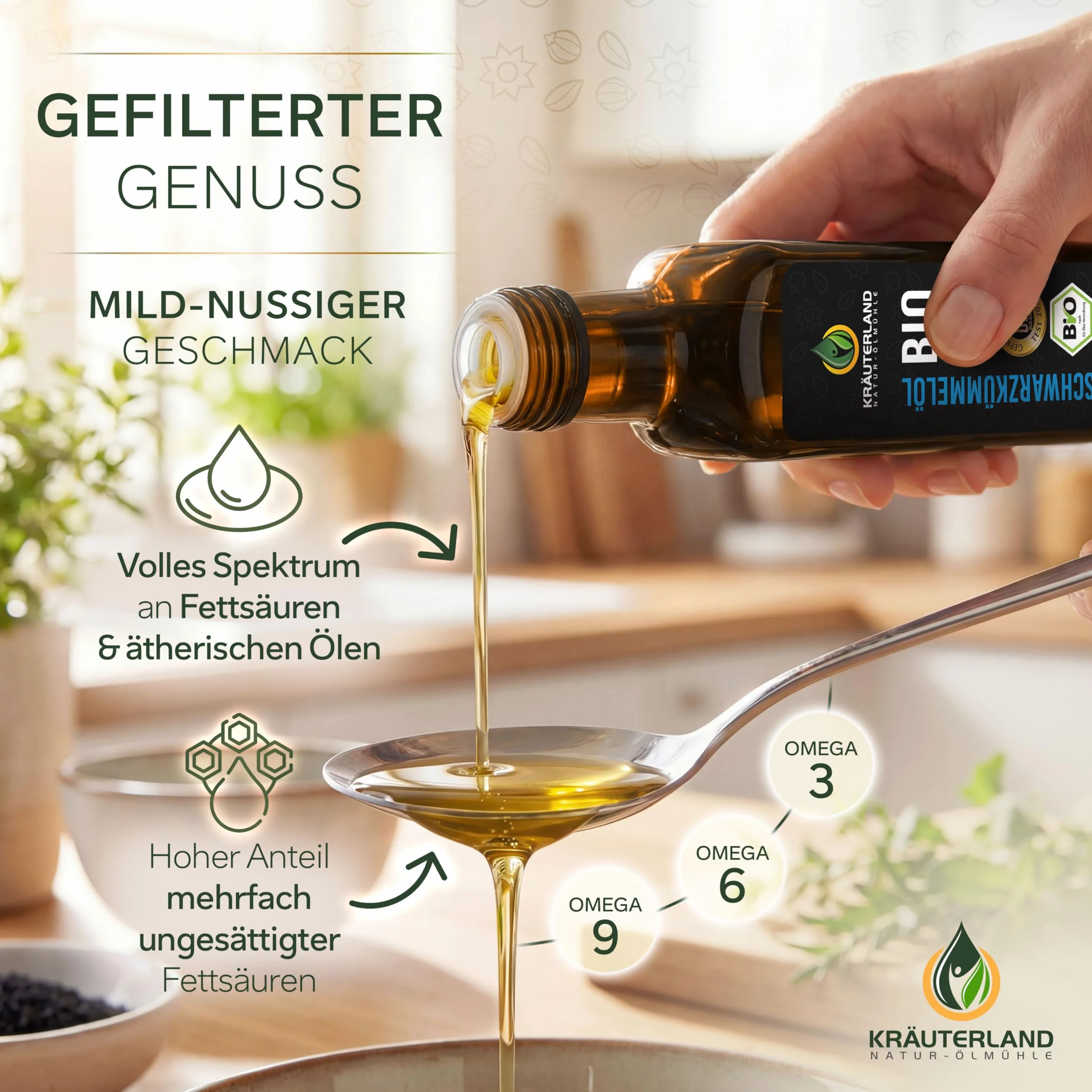Kräuterland - organiczny olej z czarnuszki, filtrowany 2x250ml - 100% czysty, delikatnie tłoczony na zimno, egipski, wegański - gwarancja świeżości: świeżo mielony codziennie bezpośrednio od producenta