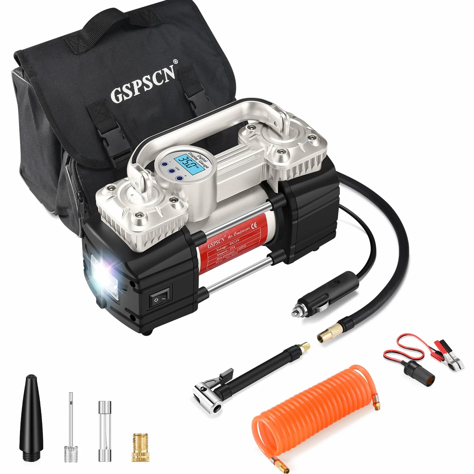 GSPSCN Przenośny cyfrowy pompka do opon samochodowych z manometrem 150 Psi, automatyczne wyłączanie, wytrzymałe, podwójne cylindry, pompa sprężarki powietrza 12 V ze światłem LED, do samochodów