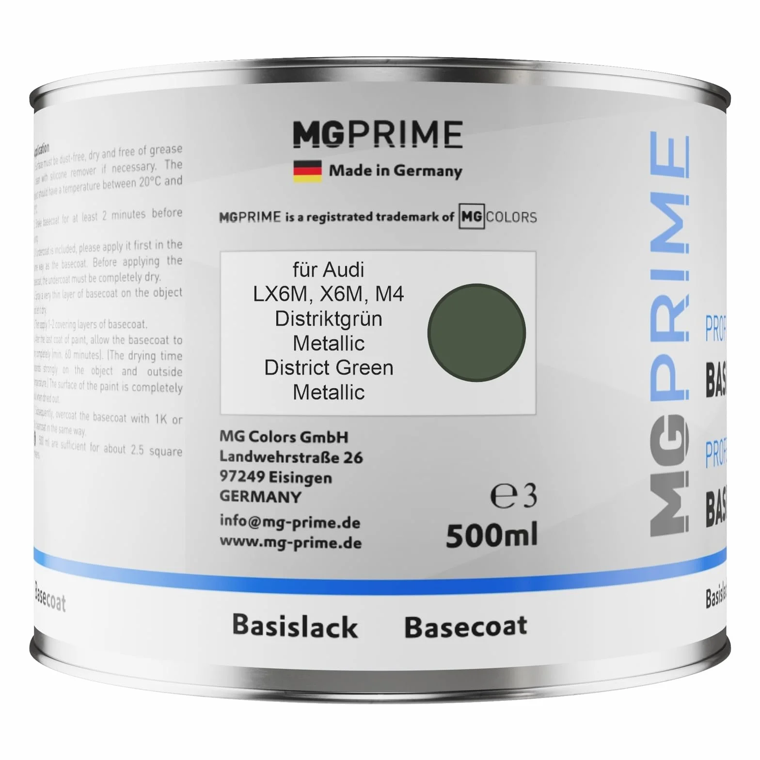 MG PRIME Lakier samochodowy Zestaw puszka gotowa do natrysku dla Audi LX6M / X6M / M4 Distriktgrün Metallic/District Green Metallic lakier bazowy + lakier bezbarwny 2K 1,25L