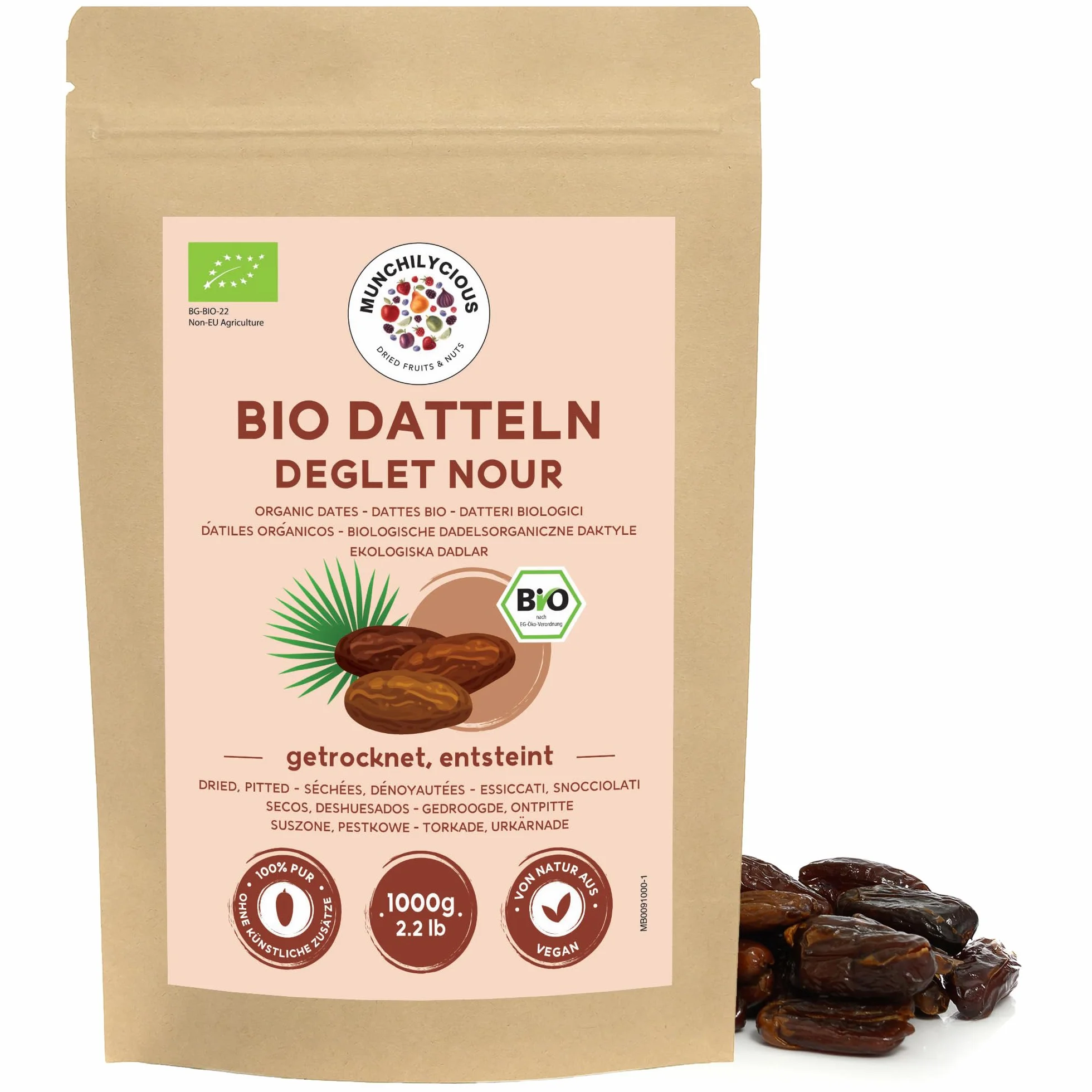 Munchilycious Ekologiczne Daktyle Deglet Nour Bez Pestek 1kg, Suszone Daktyle Bez Pestek