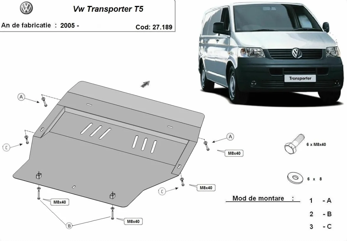 Metalowa ochrona pod silnikiem, kompatybilna z Volkswagen Transporter T5 – (2004-2015)
