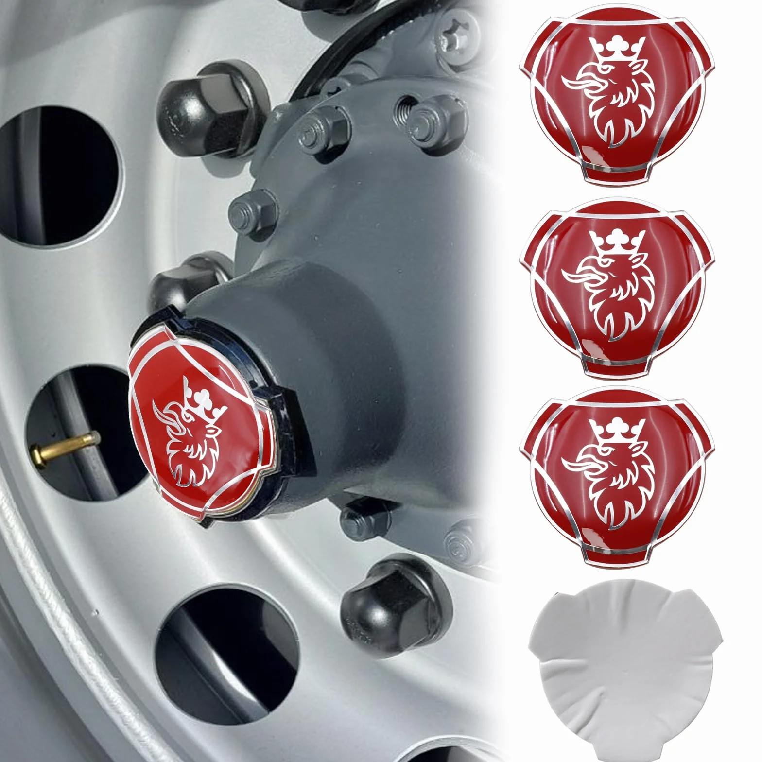 4 sztuki Griffin aluminiowe naklejki do ciężarówki Scania kołpaki środkowe koła znaczek emblemat naklejka pokrywa (czerwony i srebrny)