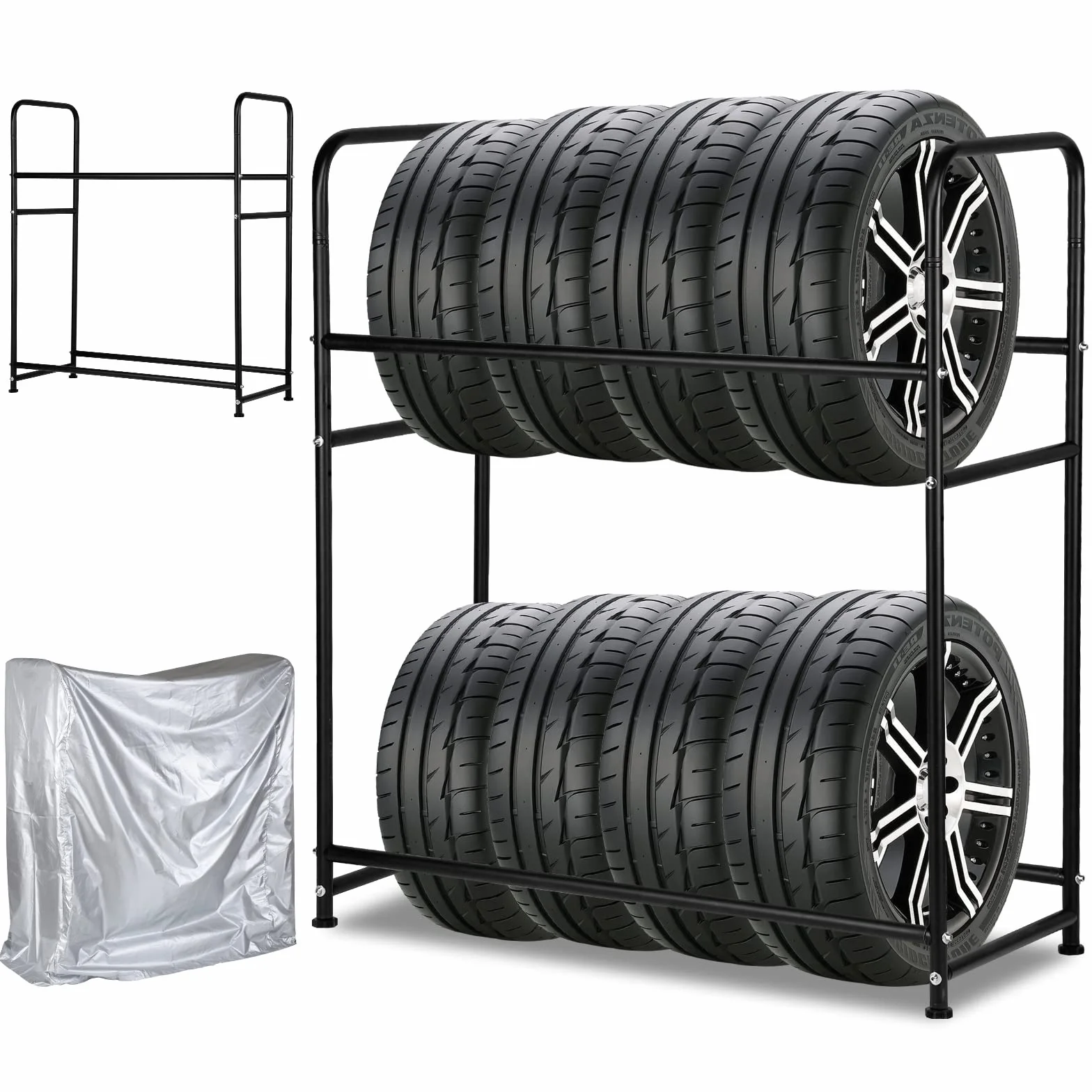 Fiqops Stojak na opony, 2 x regał na opony, 8 opon 107 x 46 x 117 cm, stojak na felgi do opon samochodowych, nośność 180 kg, regał na felgi z osłoną ochronną na opony, do piwnicy, warsztatu, regulacja