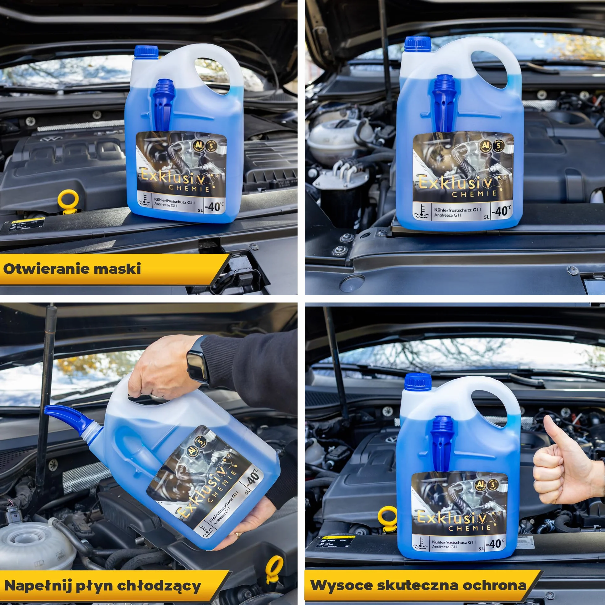 Exklusiv Chemie G11 Płyn chłodniczy do -40 °C – 5 litrów – 5 lat | Antifreeze do silnika | Płyn chłodzący G11 niebieski | Gotowy do użycia | z lejkiem do napełniania