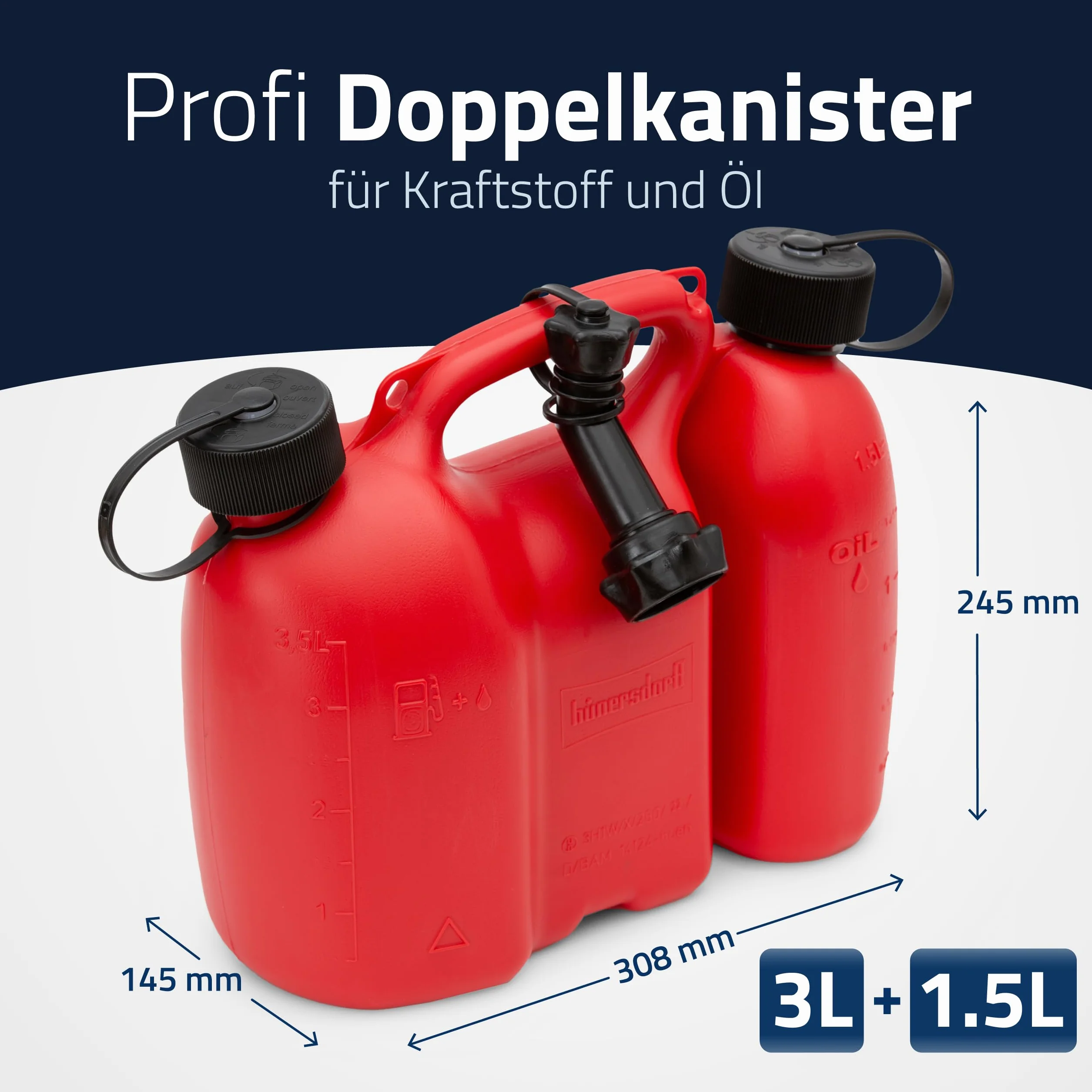 hünersdorff Profesjonalny podwójny kanister na paliwo i olej, z zabezpieczeniem przed dziećmi i rurą odpływową, 3 + 1,5 l, czerwony, dopuszczony ONZ, Made in Germany