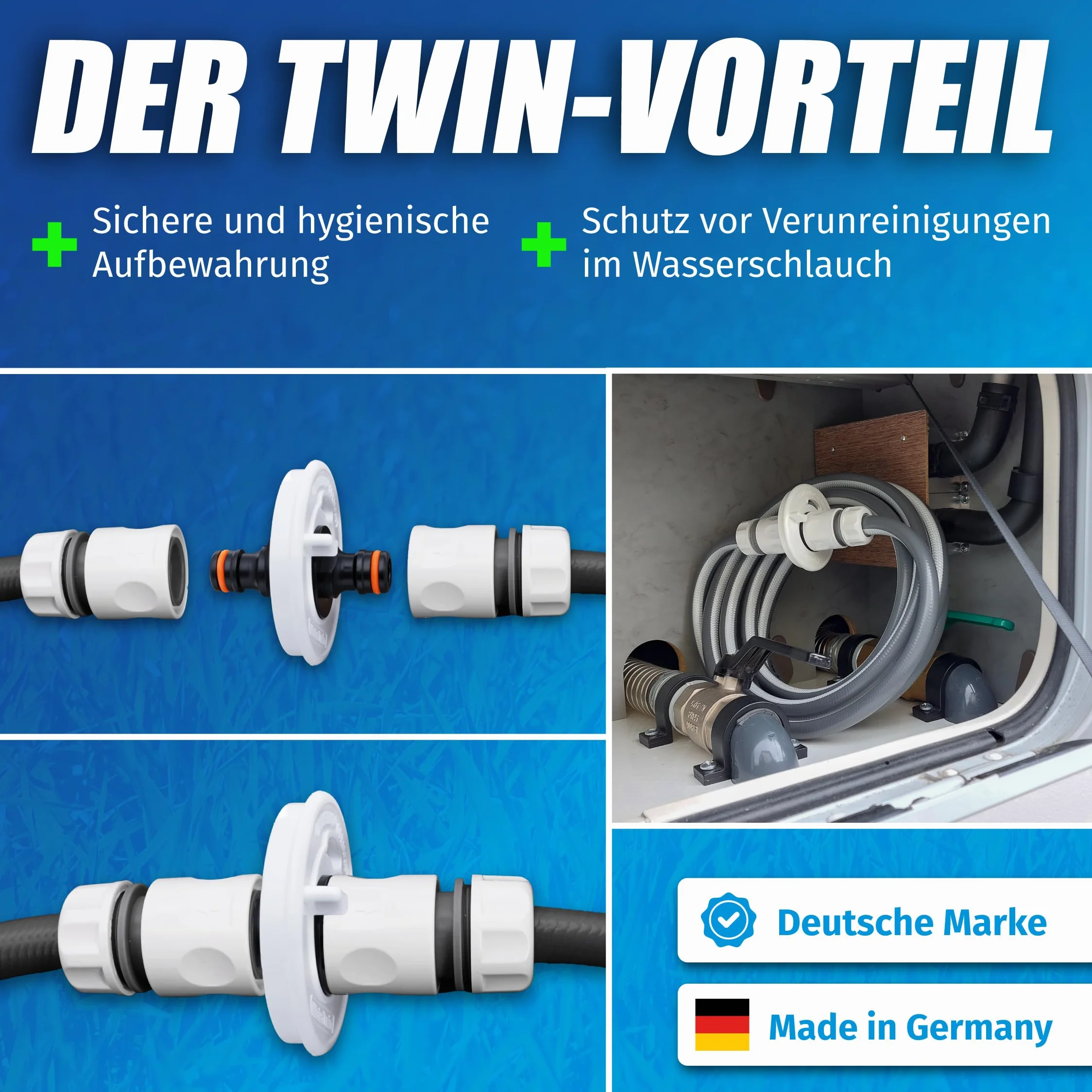 MaJoCompTec WATERTWIN adapter do napełniania wodą, adapter do zbiornika kompatybilny z przyłączem Gardena, akcesoria do pokrywy wlewu paliwa, do przyczep kempingowych, króćców napełniania (adapter 3