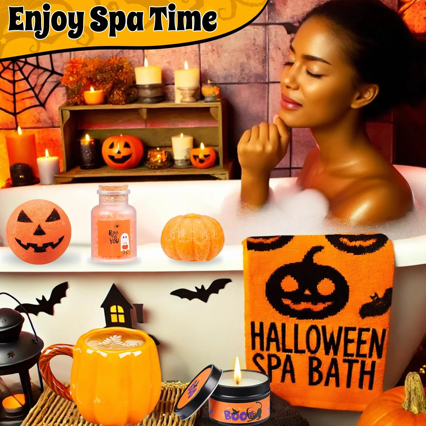 Boo Basket Prezenty dla kobiet, nastolatek, dziewcząt, wypełniacz do koszyka, dla nastolatków, dorosłych, z kubkiem z dynią, świeca zapachowa, skarpety na Halloween, prezent dla przyjaciół rodziny