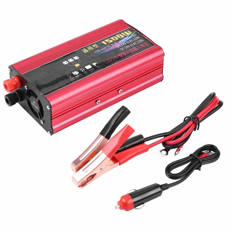 Przetwornica samochodowa, metal + tworzywo sztuczne 1500W przetwornica samochodowa ładowarka USB Adapter konwertera zmodyfikowana fala sinusoidalna DC 12 V/24 V na AC 220