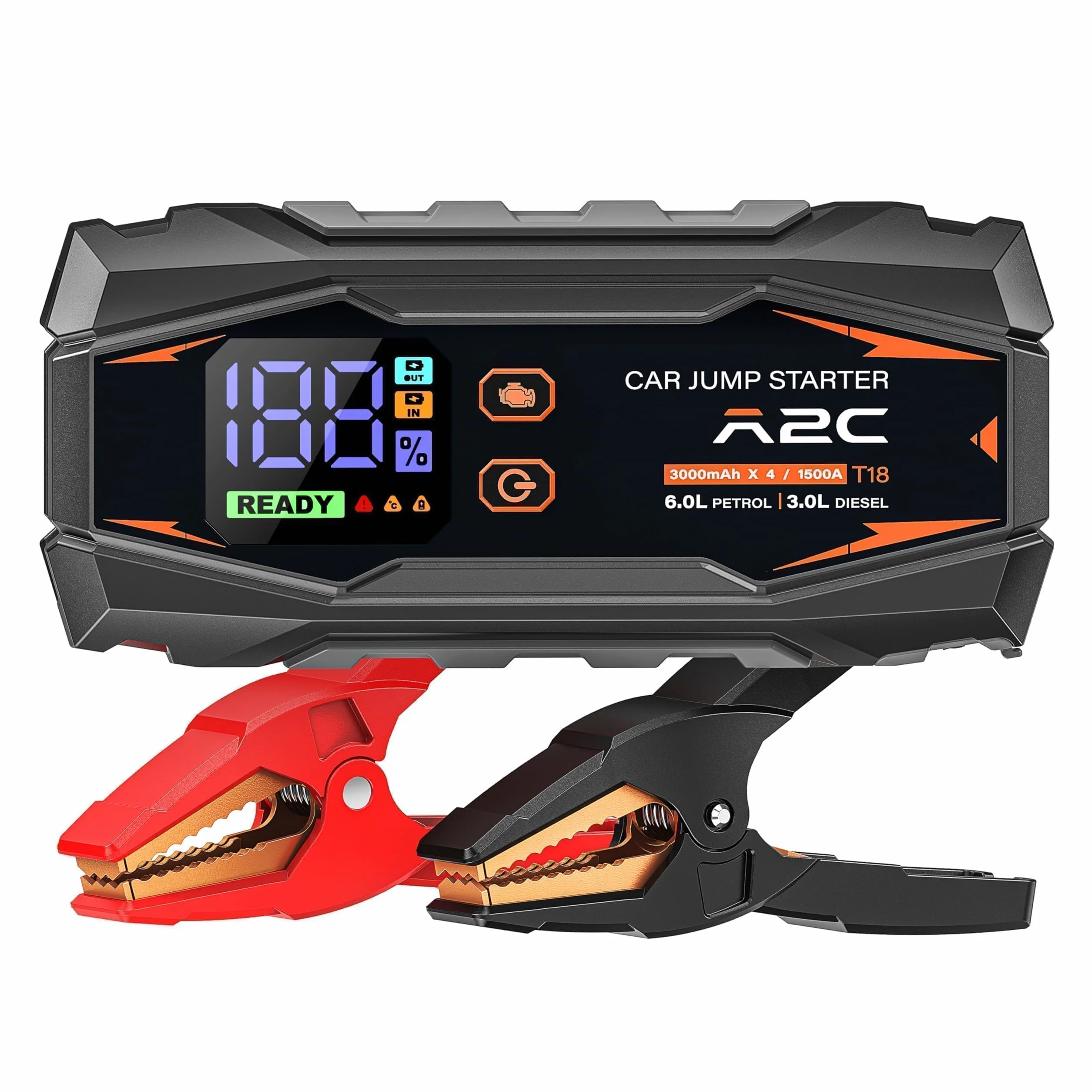 A2C 1500A Jump Starter, 12V (do 6 l lub olej napędowy 3L), Power Bank 12000mAh (PD/QC 3.0) z 3 portami USB C, rozrusznik samochodowy z przewodami rozruchowymi, wyświetlaczem LED i światłem