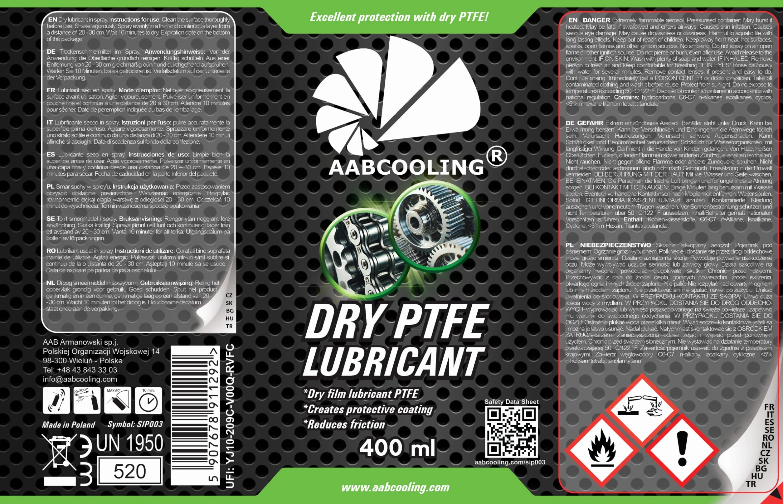 AABCOOLING Dry PTFE Lubricant 400 ml, suchy smar teflonowy w Spreju do motocykli, łańcucha, łożysk, linek i przegubów – zmniejsza tarcie, chroni przed korozją