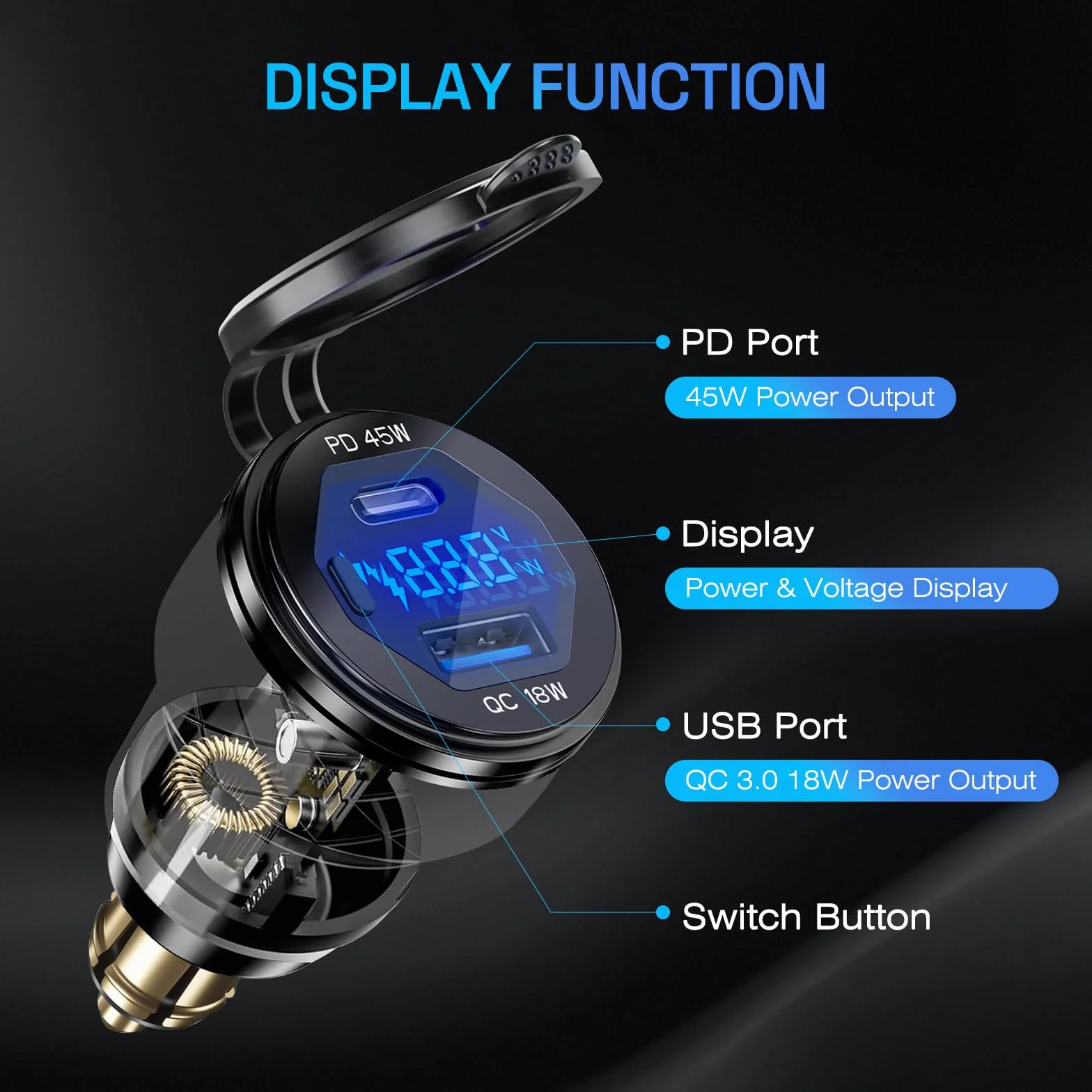 Adapter wtyczki DIN Hella USB C PD3.0 45W QC3.0 18W 12V-24V motocyklowy wodoodporny podwójny port szybkiego ładowania
