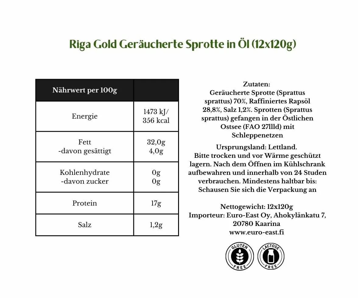 Riga Gold Wędzone szproty w oleju - konserwy rybne w puszkach – konserwy i produkty marynowane do szybkich posiłków i dodatków – 12 x 120 g