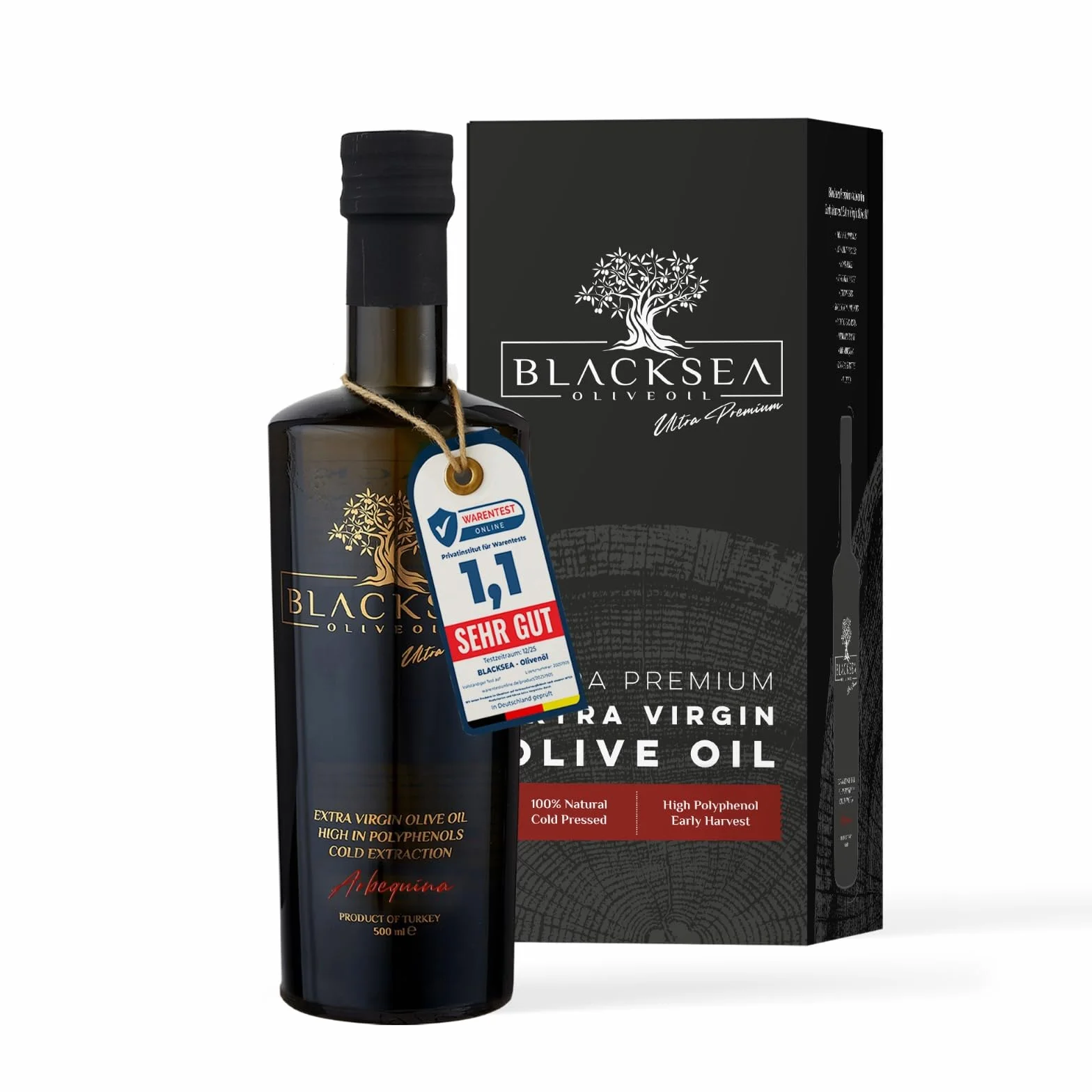 BLACKSEA | Oliwa z oliwek Extra Virgin | Ultra Premium | 500 ml | Filtrowane | Nagrody Międzynarodowe 2023 | (100% oliwek Arbequina) | Nowe zbiory 2023/2024
