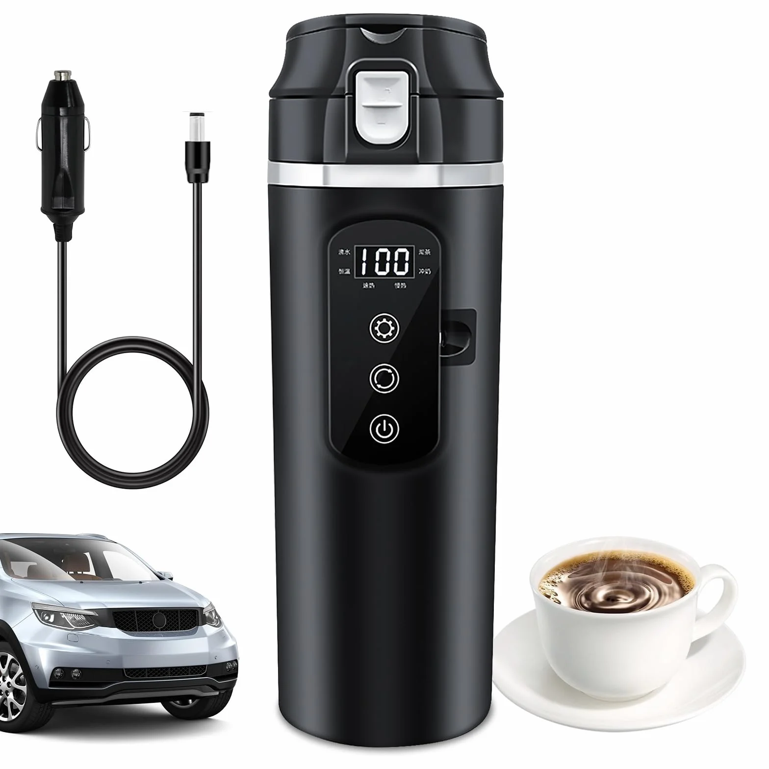 PORFOYO Czajnik elektryczny do samochodu, kubeczek podróżny 24 V/12 V, 500 ml, czarny, stal nierdzewna, z wyświetlaczem, do podróży samochodowych