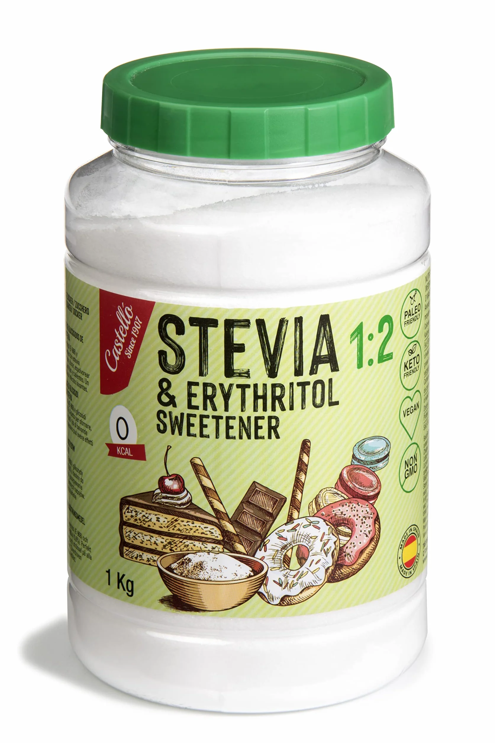 Słodzik Stevia + Erytrytol 1:2 | 1g = 2g cukru | Słodzik o 100% naturalnym smaku - 0 Kalorii - 0 Indeks Glikemiczny - Keto i Paleo - 0 Węglowodanów Netto - Bez GMO - Castello since 1907-1 kg