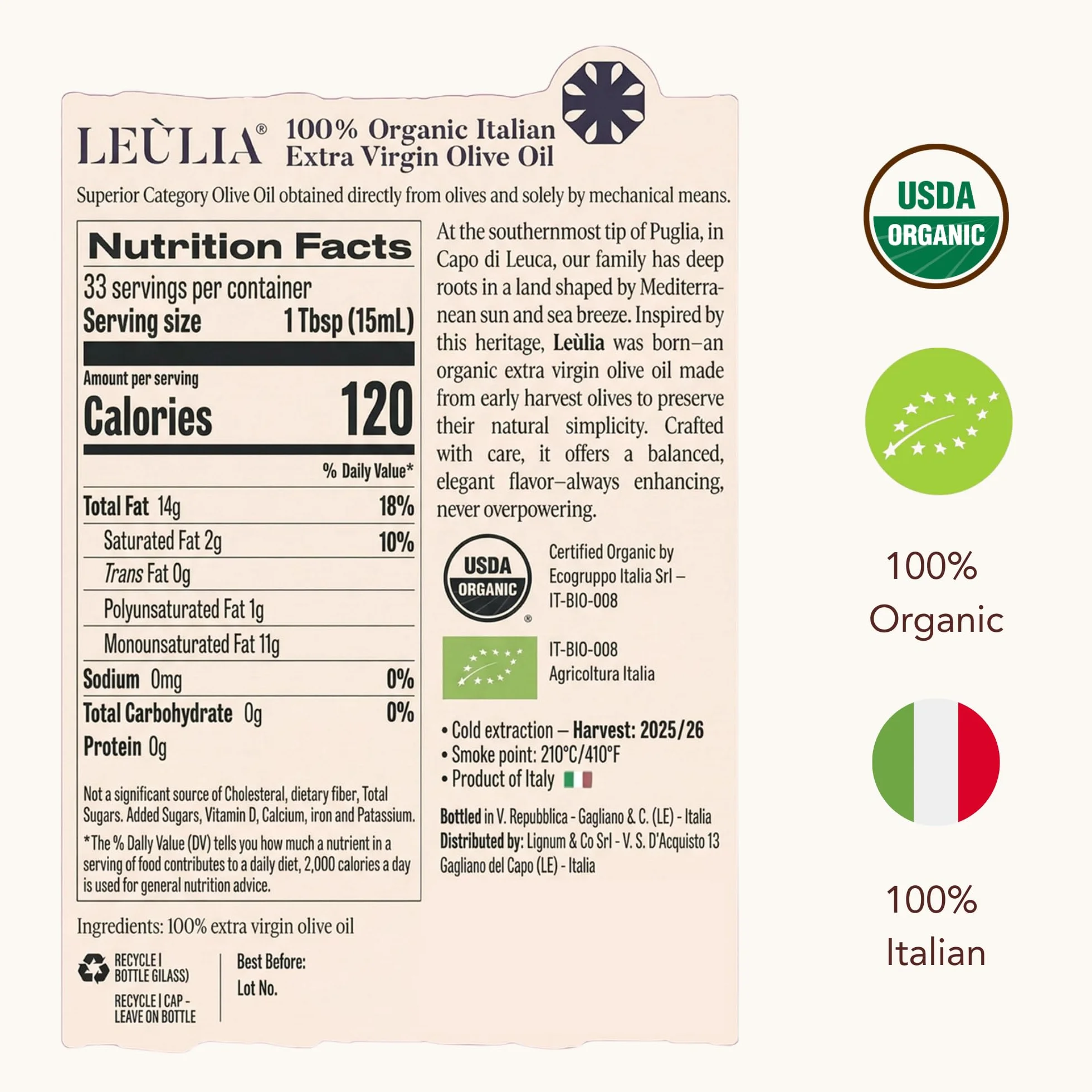 Leùlia Włoska Organiczna Oliwa z Oliwek Extra Virgin 500 ml Tłoczona na Zimno