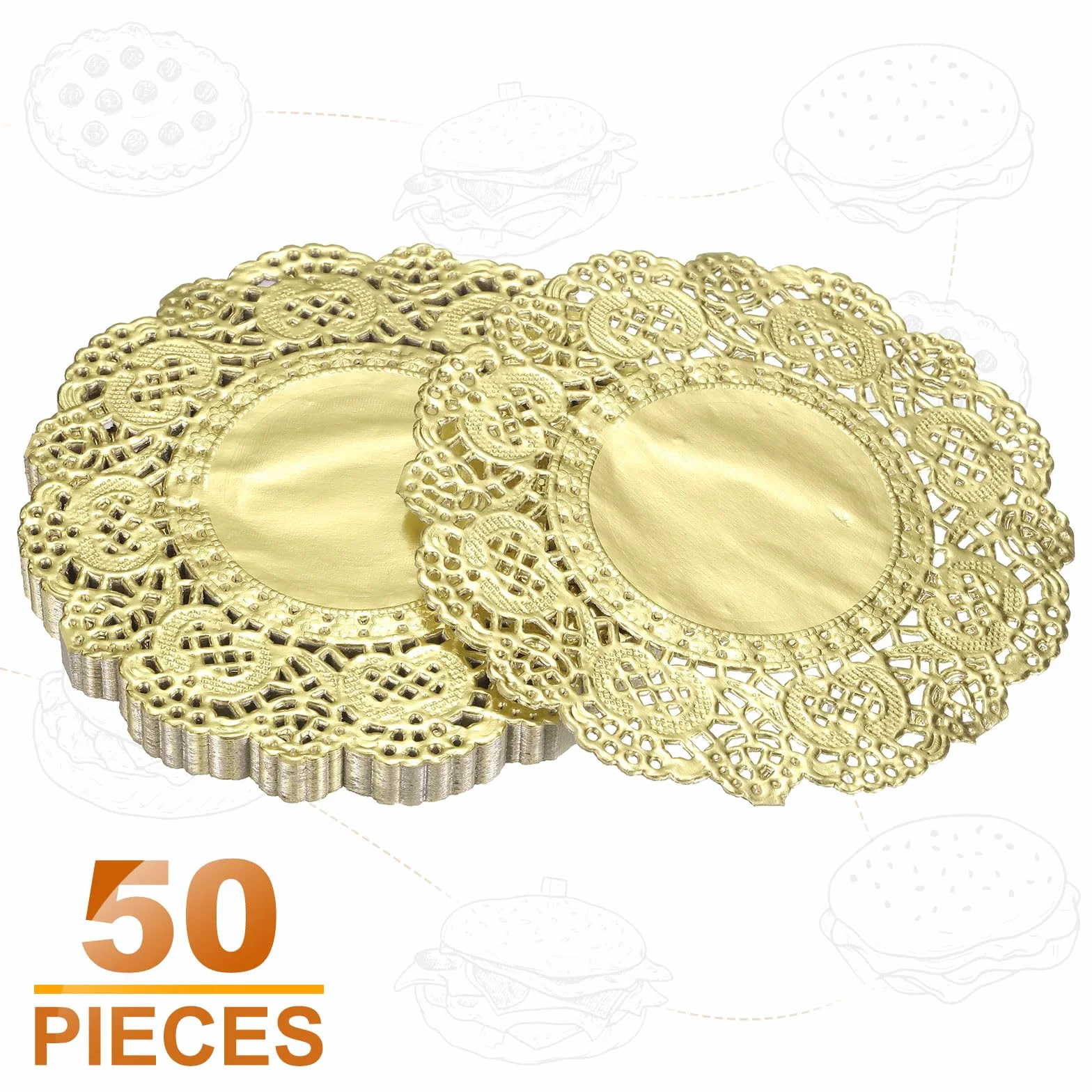 QUARKZMAN 50 sztuk koronkowych podkładek papierowych, 8,5 cm, złote, okrągłe, jednorazowe, dekoracyjne, puste kwiaty, chłonne papiery do ciasta, deserów, dekoracji żywności, na wesele, urodziny