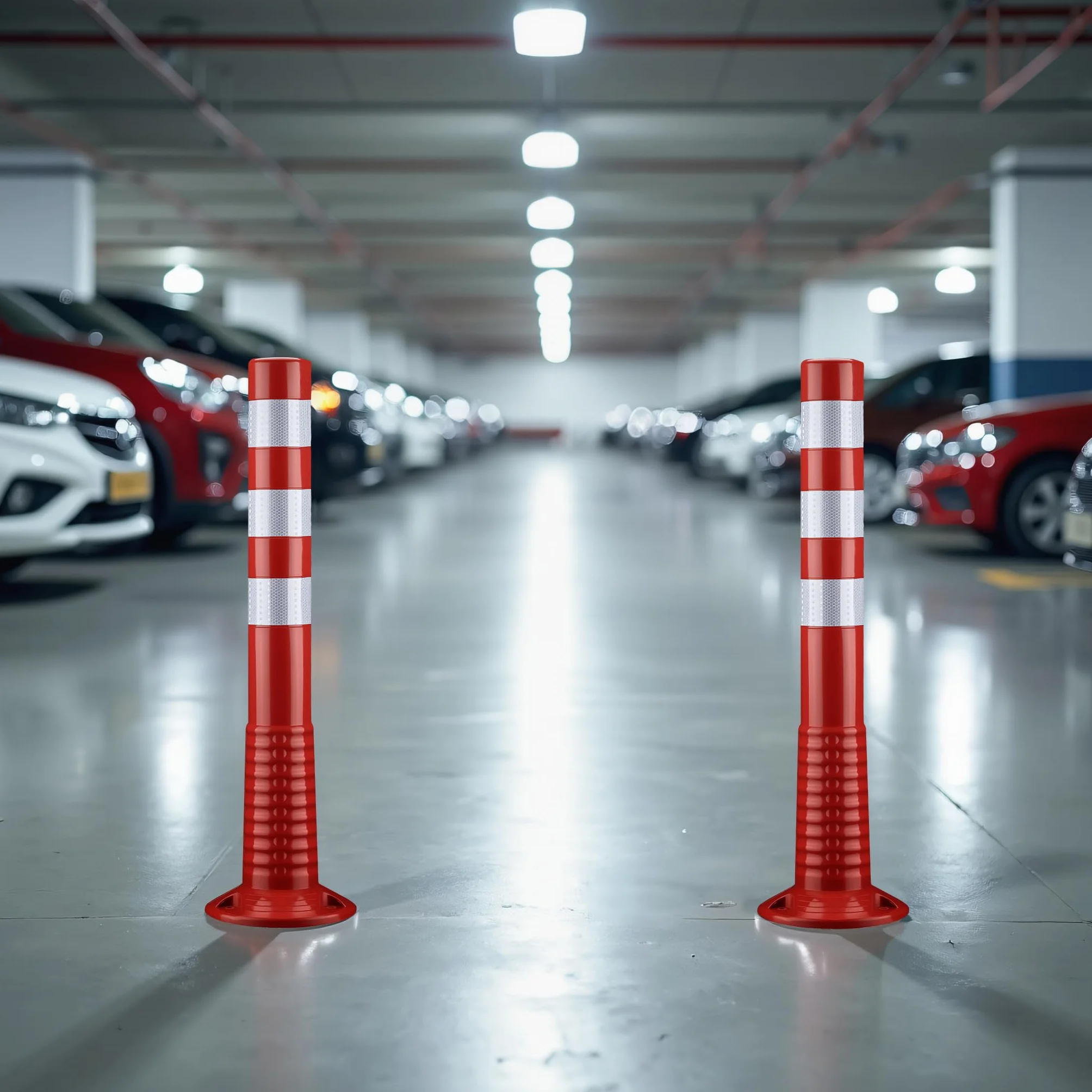 Wiltec Słupki parkingowe zestaw 2 szt. biało-czerwone o wysokości 75 cm, elastyczne słupki drogowe z PU i 3 paskami odblaskującymi