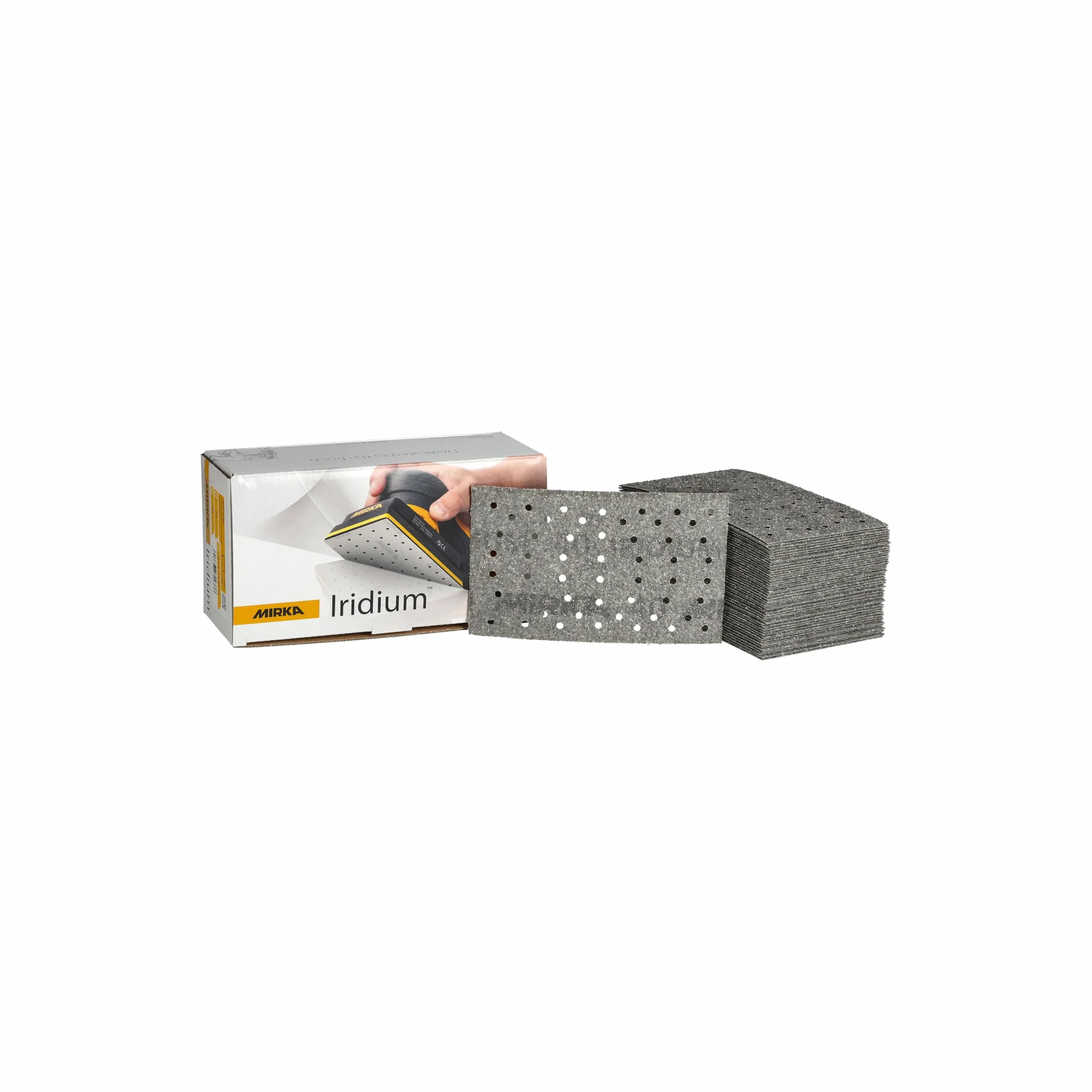 Mirka Iridium Premium papier ścierny 81x133mm rzep 54-otwory, ziarnistość 40, 50/opakowanie/Do szlifowania farb, szpachli, podkładów, drewna, stali, materiałów mineralnych, tworzyw sztucznych.