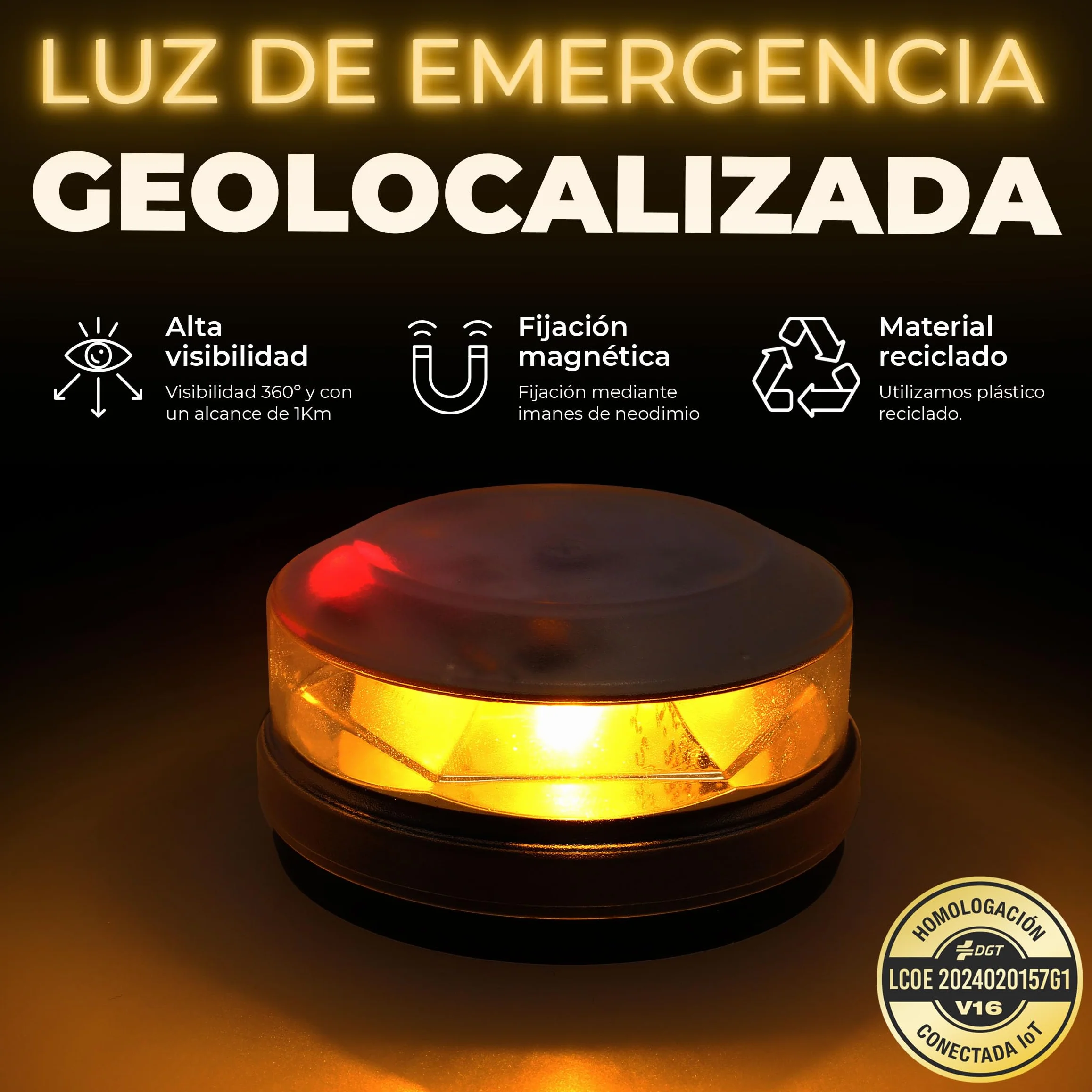 S SUMEX geolokalizacja V16 światło awaryjne, dopuszczone przez DGT V16 SIM, wbudowane i aktywowane, klasa IP54, widoczność ponad 1 km, podstawa magnetyczna, lampka kontrolna, wskaźnik przyłącza