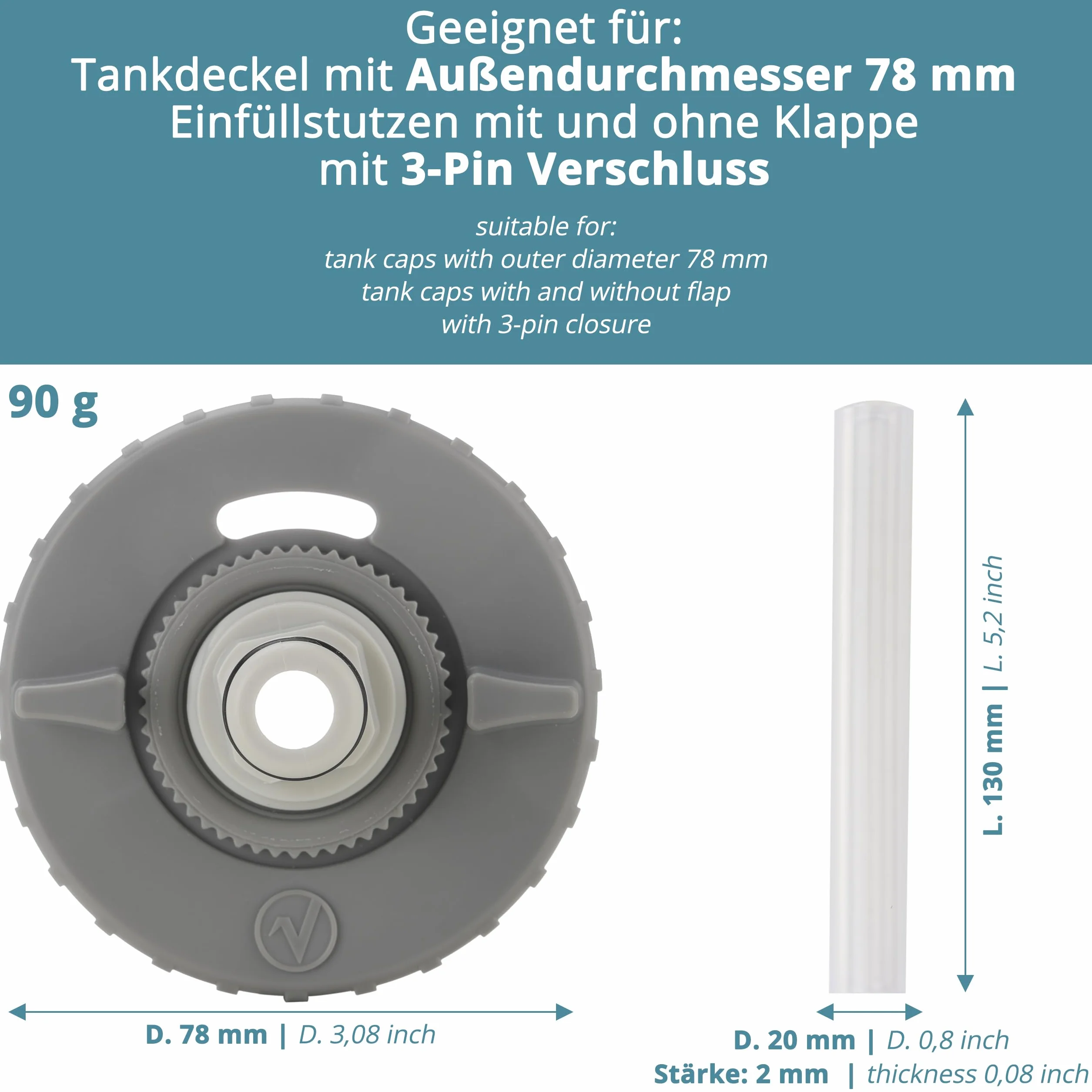 Pokrywa zbiornika na wodę, 3 piny, średnica 78 mm, ciemnoszara, do kampera z wężem do króćca do wlewu wody + plus: adapter do węża wodnego