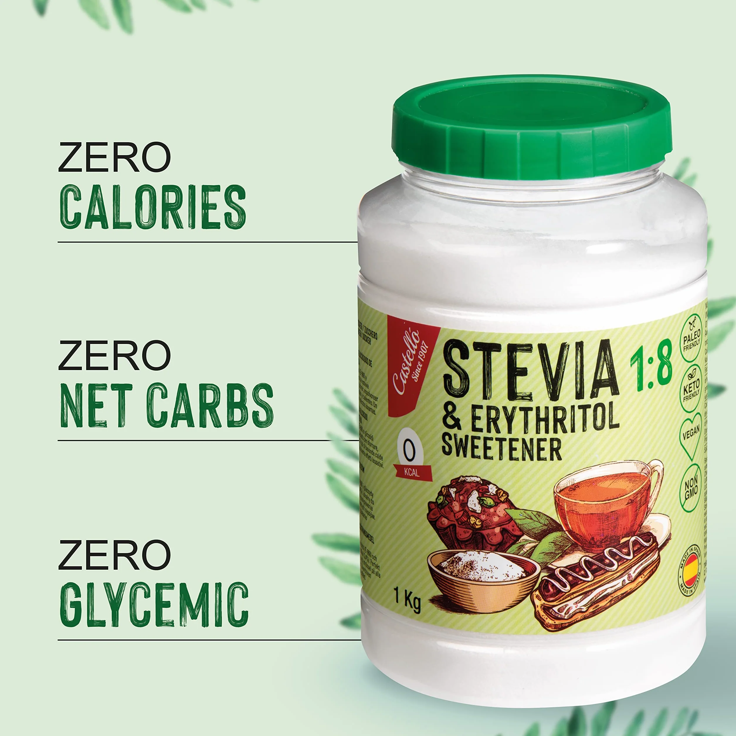 Słodzik Stevia + Erytrytol 1:8 | 1g = 8g cukru | Słodzik o 100% naturalnym smaku - 0 Kalorii - 0 Indeks Glikemiczny - Keto i Paleo - 0 Węglowodanów Netto - Bez GMO - Castello since 1907-1 kg | 1 g = 8 g cukru, 100% naturalny smak, 0 kalorii, 0 indeks glik
