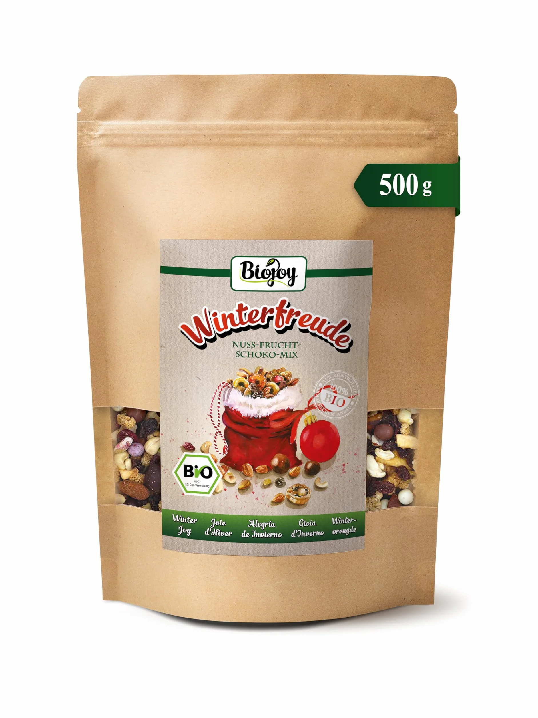 Biojoy Organiczna Zimowa Radość – mieszanka orzechowo-owocowa (500 g) z rodzynkami, orzechami nerkowca, migdałami i liofilizowanymi jagodami w trzech rodzajach czekolady