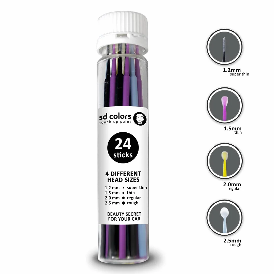 SD COLORS Pałeczki SWABS 24 SZTUK AUTOMOTIVE MALOWANIE SZCZEGÓŁY SAMOCHODOWE NAPRAWA DO ZAPARÓW STONE CHIPS TOUCH MICRO BRUSH 1,2 mm 1,5 mm 2,0 mm 2,5 mm