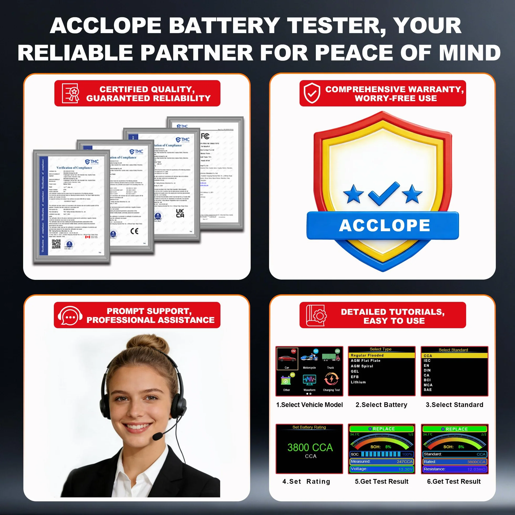 BT90 PRO tester baterii, 6 V/12 V/24 V, do AGM/EFB/GEL/LiFePO4, 2-360 Ah, 30-3800 CCA, z nadrukiem w chmurze, test systemu start-stop, czarny, SAE/EN/IEC/CA/MCA, SOH/SOC/napięcie/rezystancja