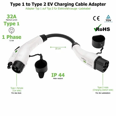 Adapter do pojazdu elektrycznego kabel do ładowania - typ 2 IEC 62196 na typ 1 SAE J1772 EV + adapter ładowarki - 1-fazowy 32 A (7,6 kW) czarny/biały złącze wtykowe
