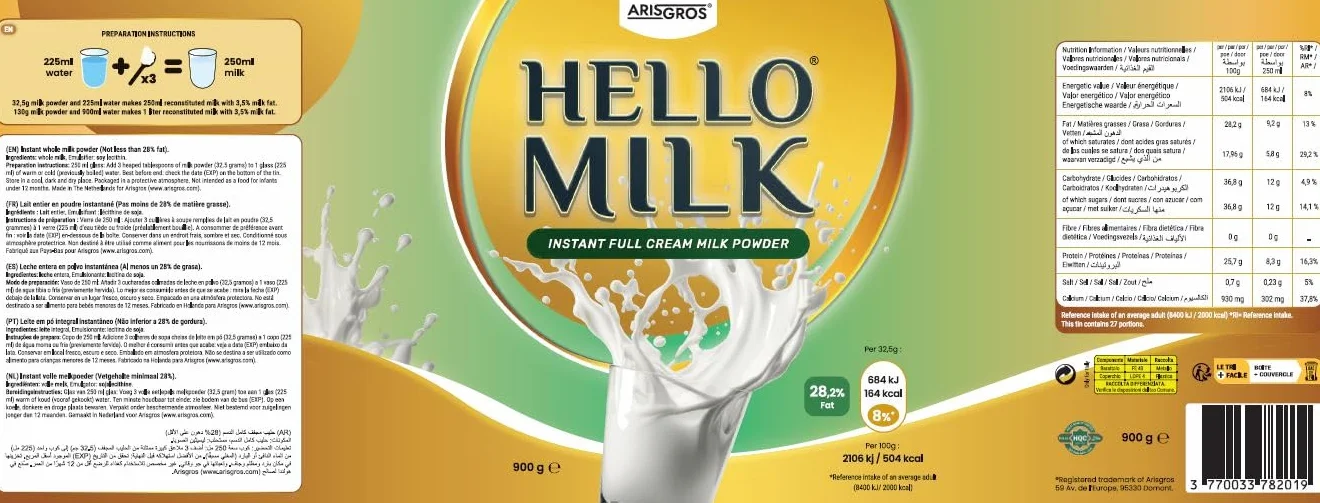 HELLO MILK 900g (Arisgros) - Natychmiastowe pełne mleko w proszku (Instant Full Cream Milk Powder) min. 28% tłuszczu