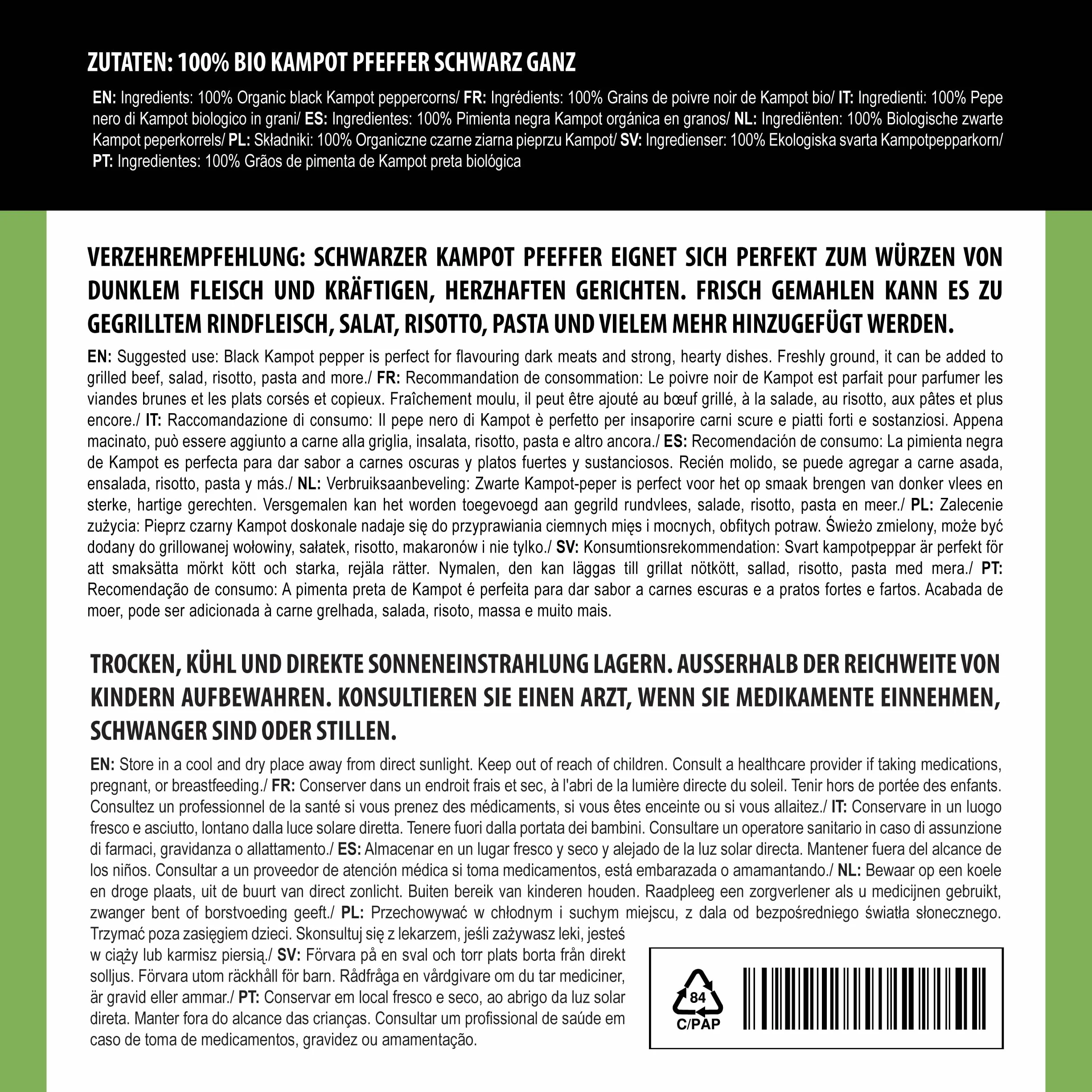 Alpi Nature Ekologiczny Pieprz Kampot Czarny 100g, Całe Ziarna Pieprzu, Czarne Ziarna Pieprzu Kampot
