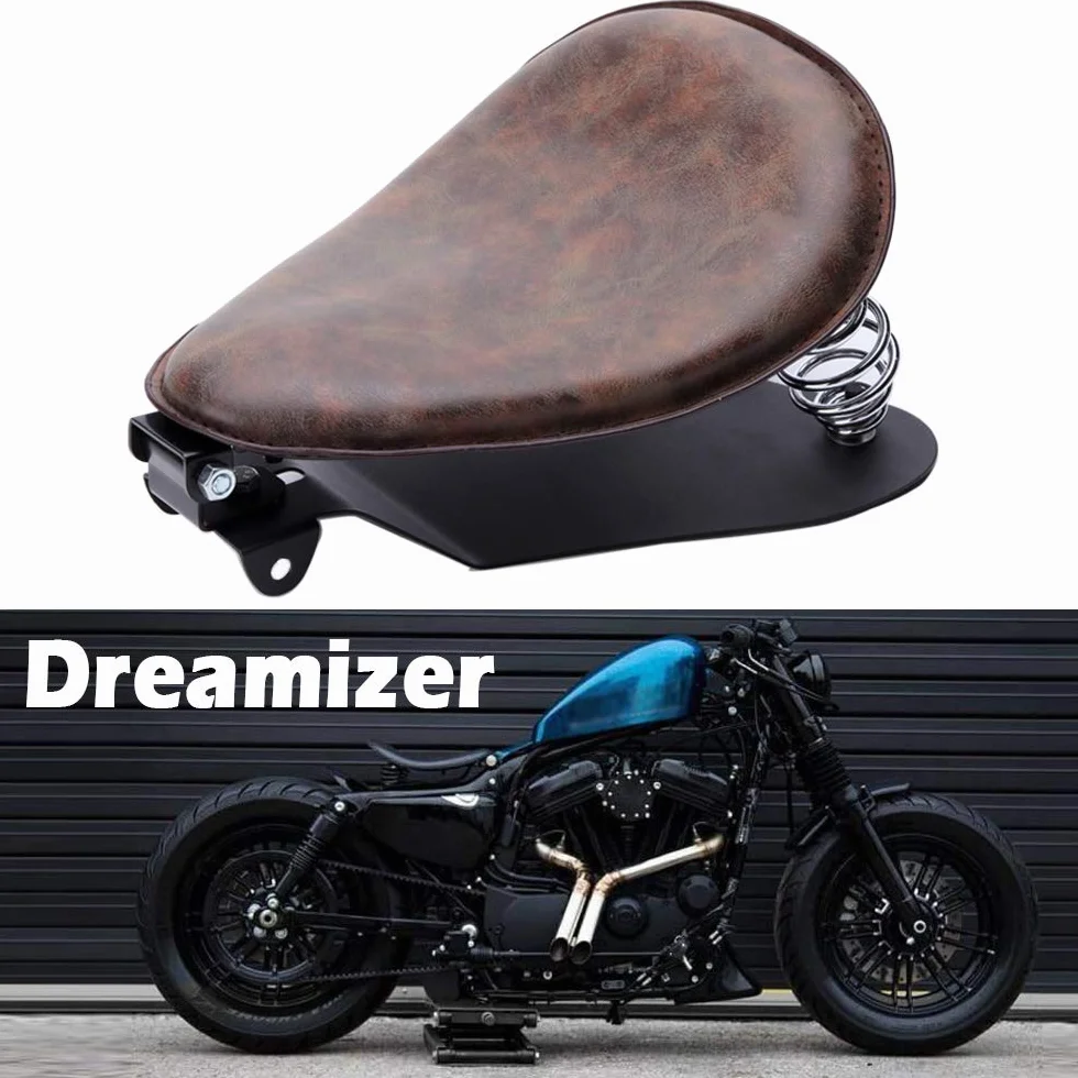 DREAMIZER motocyklowe skórzane siedzisko bobber, retro motocyklowe pojedyncze siedzenie ze wspornikiem sprężynowym, płyta podstawowa, zamiennik dla Sportster XL883 1200 48 Chopper, niestandardowe