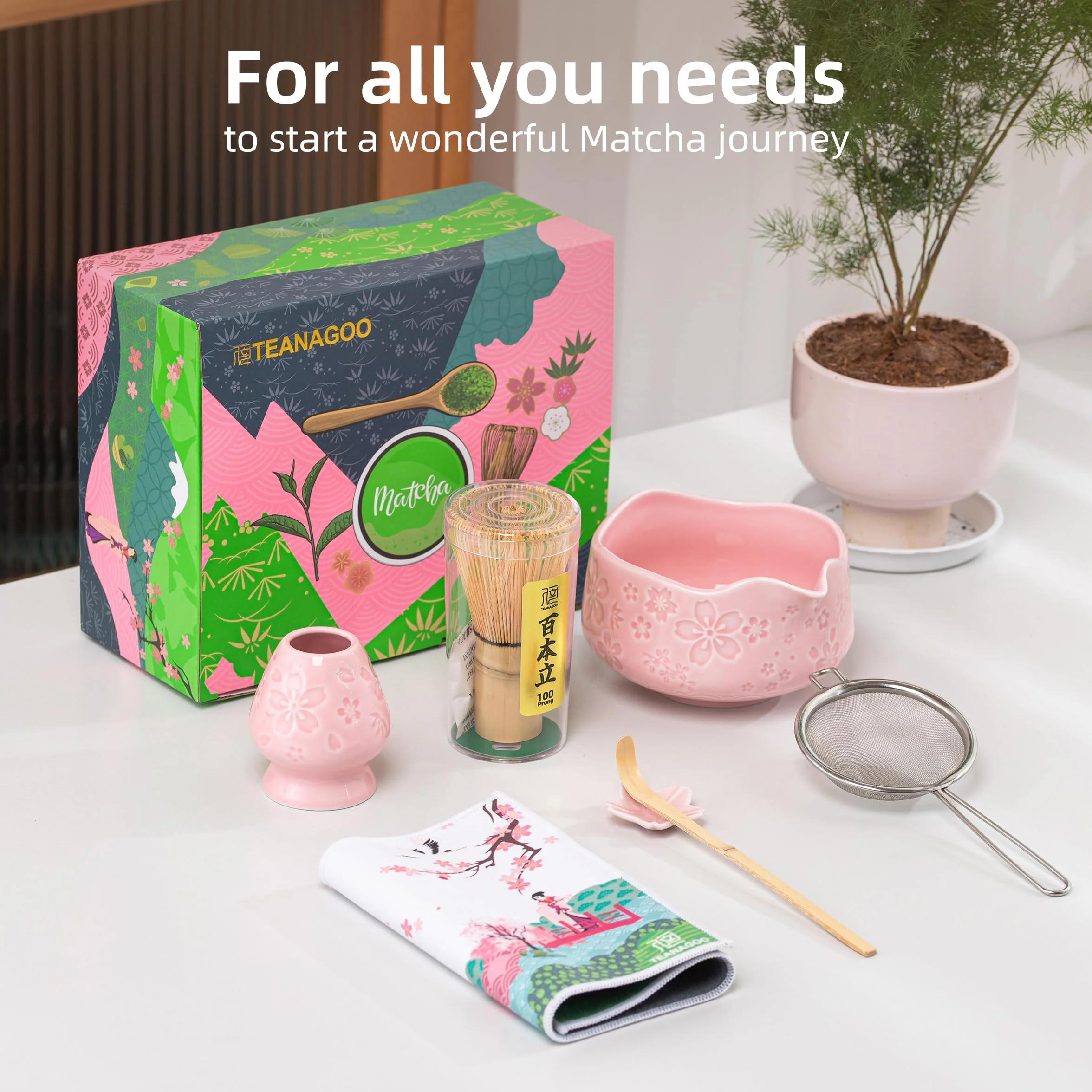 TEANAGOO Zestaw 7 różowych trzepaczek do matcha z motywem kwiatu wiśni, kompletny zestaw ceremonii, ceramiczna miska do chawan z wylewką, trzepaczką i akcesoriami, tradycyjny zestaw do herbaty matcha