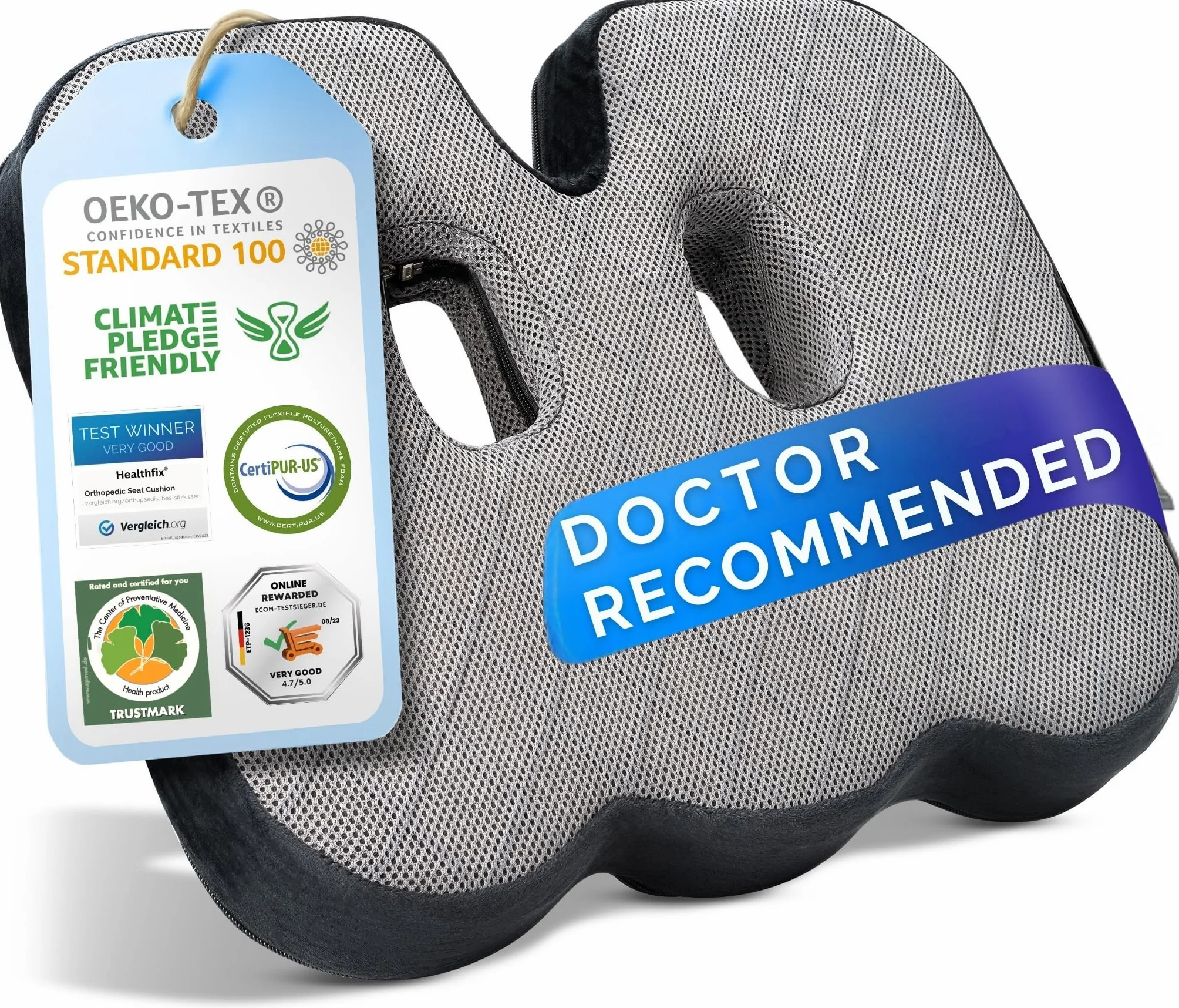 Healthfix® Ortopedyczna poduszka do siedzenia do biura, samochodu itp. - Ergonomiczne siedzenie z pianki memory z funkcją odciążania kości ogonowej i kości siedzącej. Zmniejsza ból i zwiększa komfort.