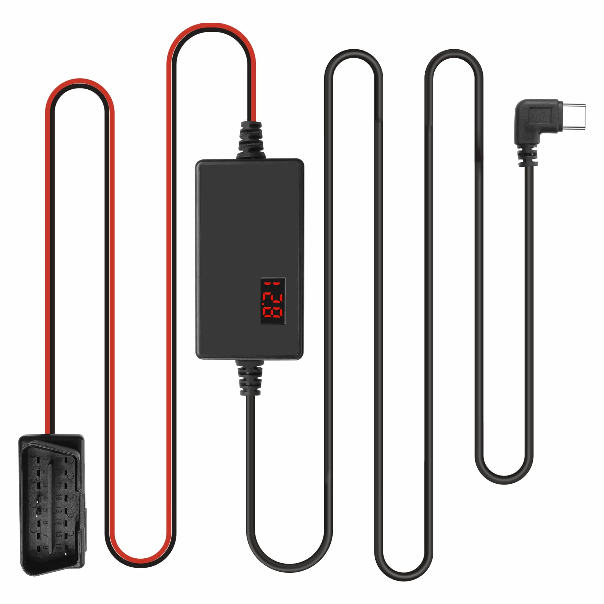 MEIRIYFA Kabel zasilający OBD OBD2 do kamery samochodowej, kabel do ładowania OBD2 na USB C, 24-godzinny nadzór, typ C, 16-pinowy, OBDII, zestaw Hardwire, kabel do ładowarki do kamery samochodowej GPS