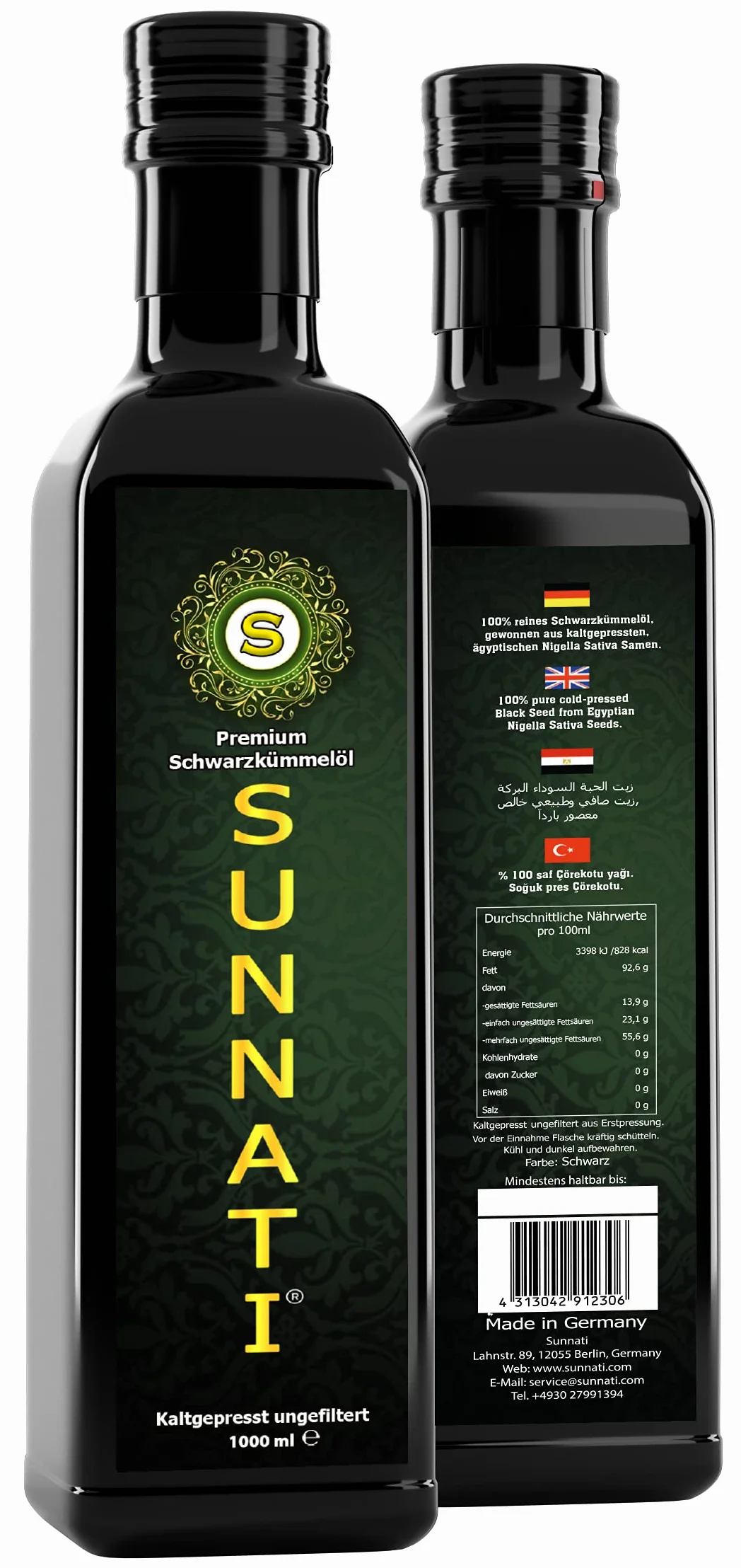 Sunnati® Olej z czarnuszki niefiltrowany, tłoczony na zimno, 100% czysty, 2 x 1000 ml (2 l)