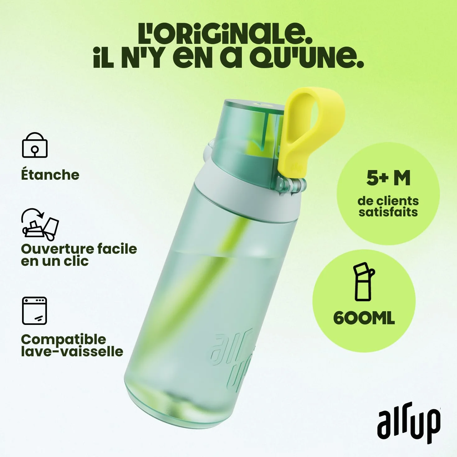 AIR UP® butelka na wodę Click Turtle Zielony zestaw startowy z wkładami w 5 smakach | 600ml butelka na napoje z bezcukrowym smakiem | odporna na zmywarkę, bez BPA